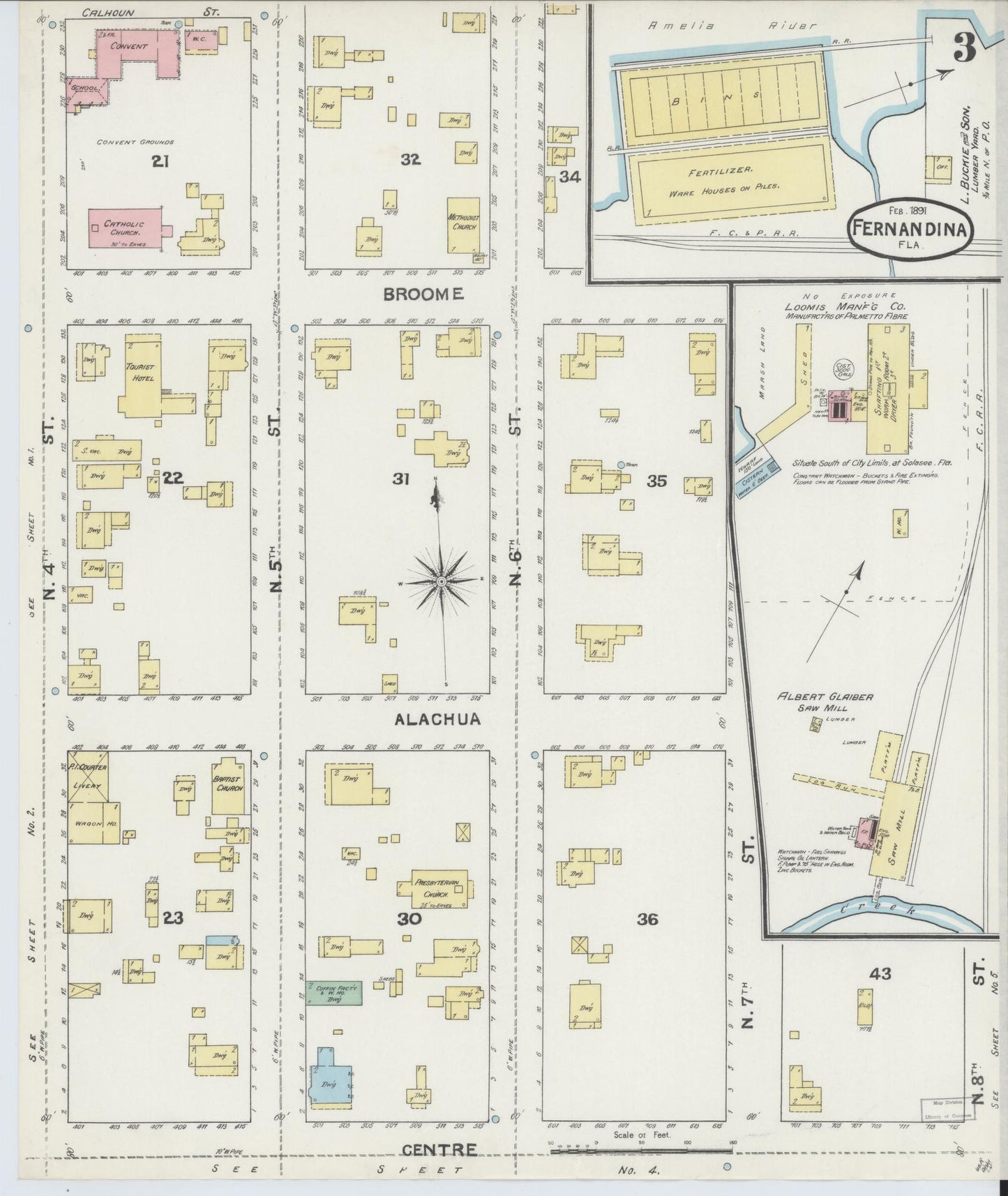 Sanborn Fire Insurance Map from Fernandina, Nassau County, Florida (1891), Sheet #0003 - Historic Sanborn Fire Insurance Map Print, vintage old map wall art, antique decor, genealogy gift, Florida Florida map