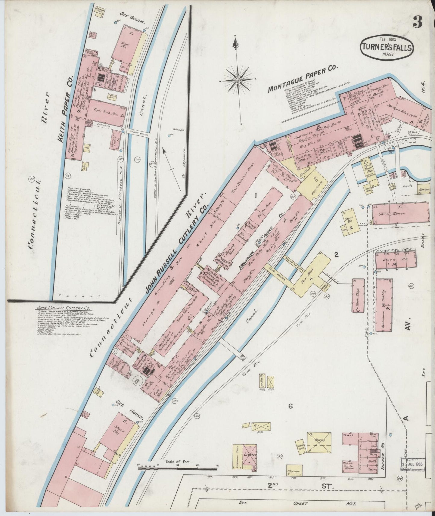Sanborn Fire Insurance Map from Turners Falls, Franklin County, Massachusetts (1889), Sheet #0003 - Historic Sanborn Fire Insurance Map Print, vintage old map wall art, antique decor, genealogy gift, Massachusetts Massachusetts map