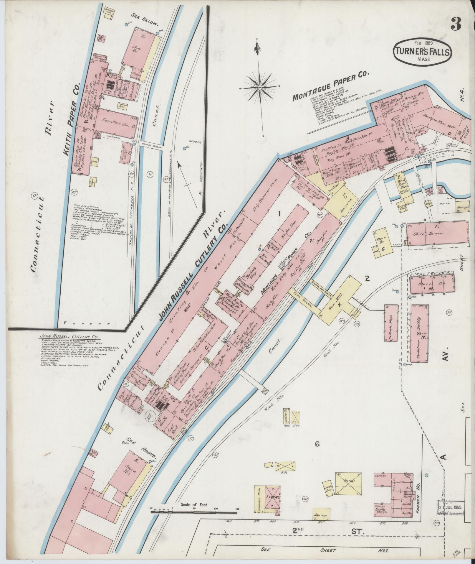Sanborn Fire Insurance Map from Turners Falls, Franklin County, Massachusetts (1889), Sheet #0003 - Historic Sanborn Fire Insurance Map Print, vintage old map wall art, antique decor, genealogy gift, Massachusetts Massachusetts map