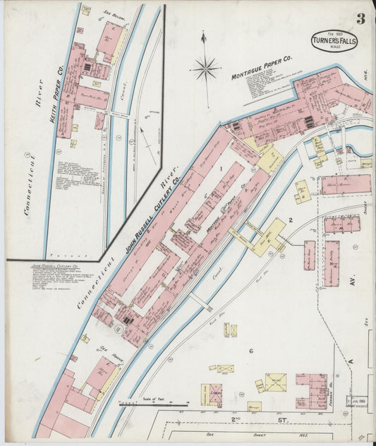 Sanborn Fire Insurance Map from Turners Falls, Franklin County, Massachusetts (1889), Sheet #0003 - Historic Sanborn Fire Insurance Map Print, vintage old map wall art, antique decor, genealogy gift, Massachusetts Massachusetts map