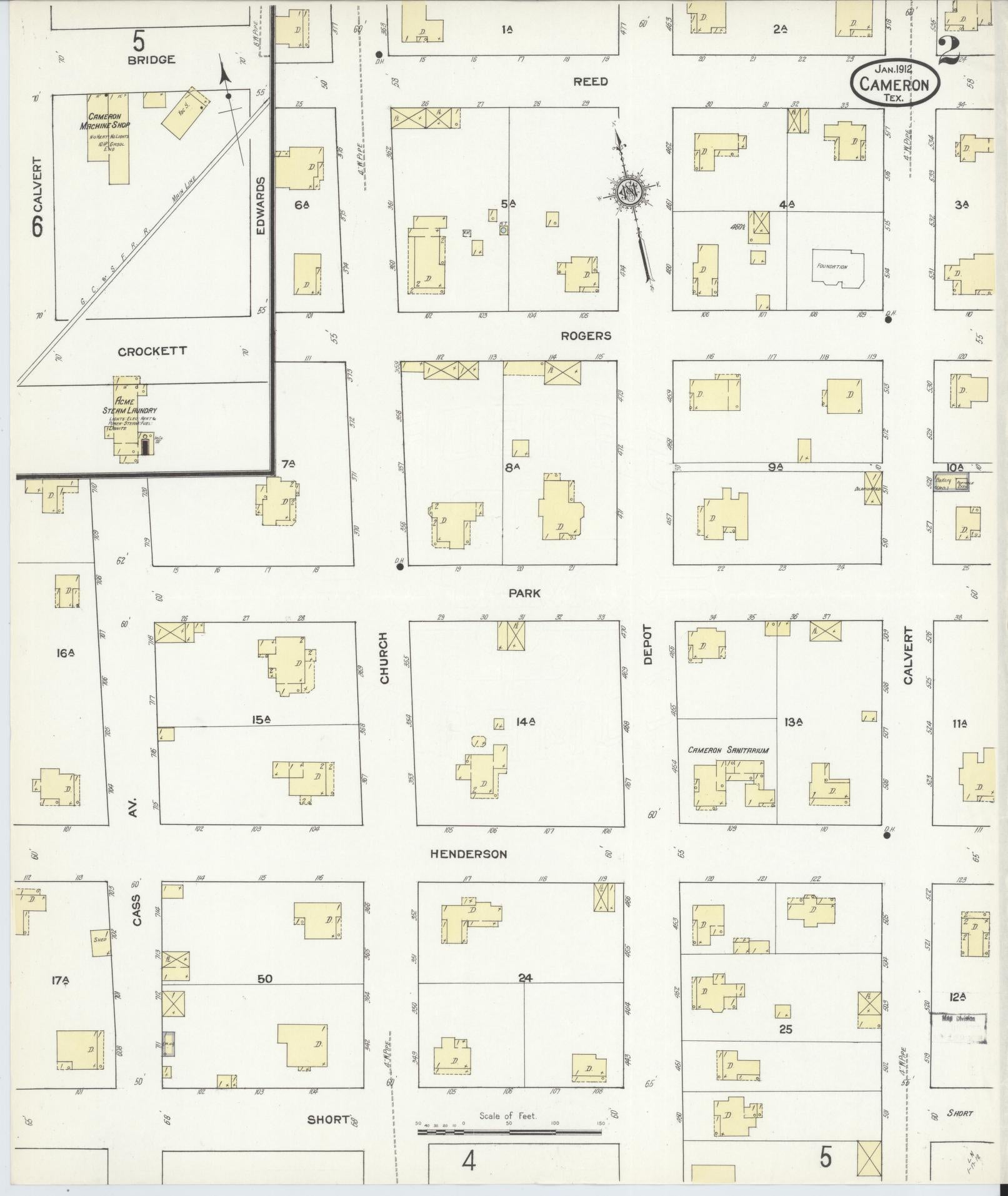 Sanborn Fire Insurance Map from Cameron, Milam County, Texas (1912), Sheet #0002 - Complete Map Set gallery image, historic Sanborn map, vintage wall art, Texas Texas