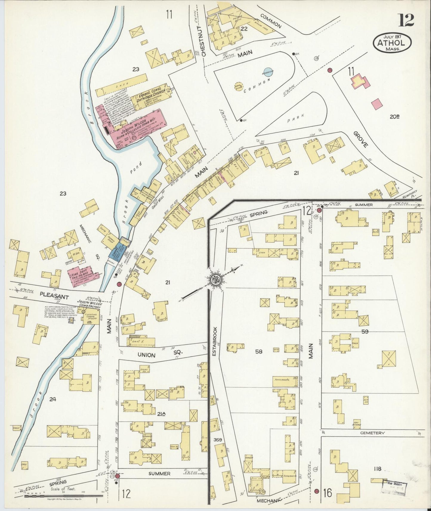 Sanborn Fire Insurance Map from Athol, Worcester County, Massachusetts (1917), Sheet #0012 - Complete Map Set gallery image, historic Sanborn map, vintage wall art, Massachusetts Massachusetts