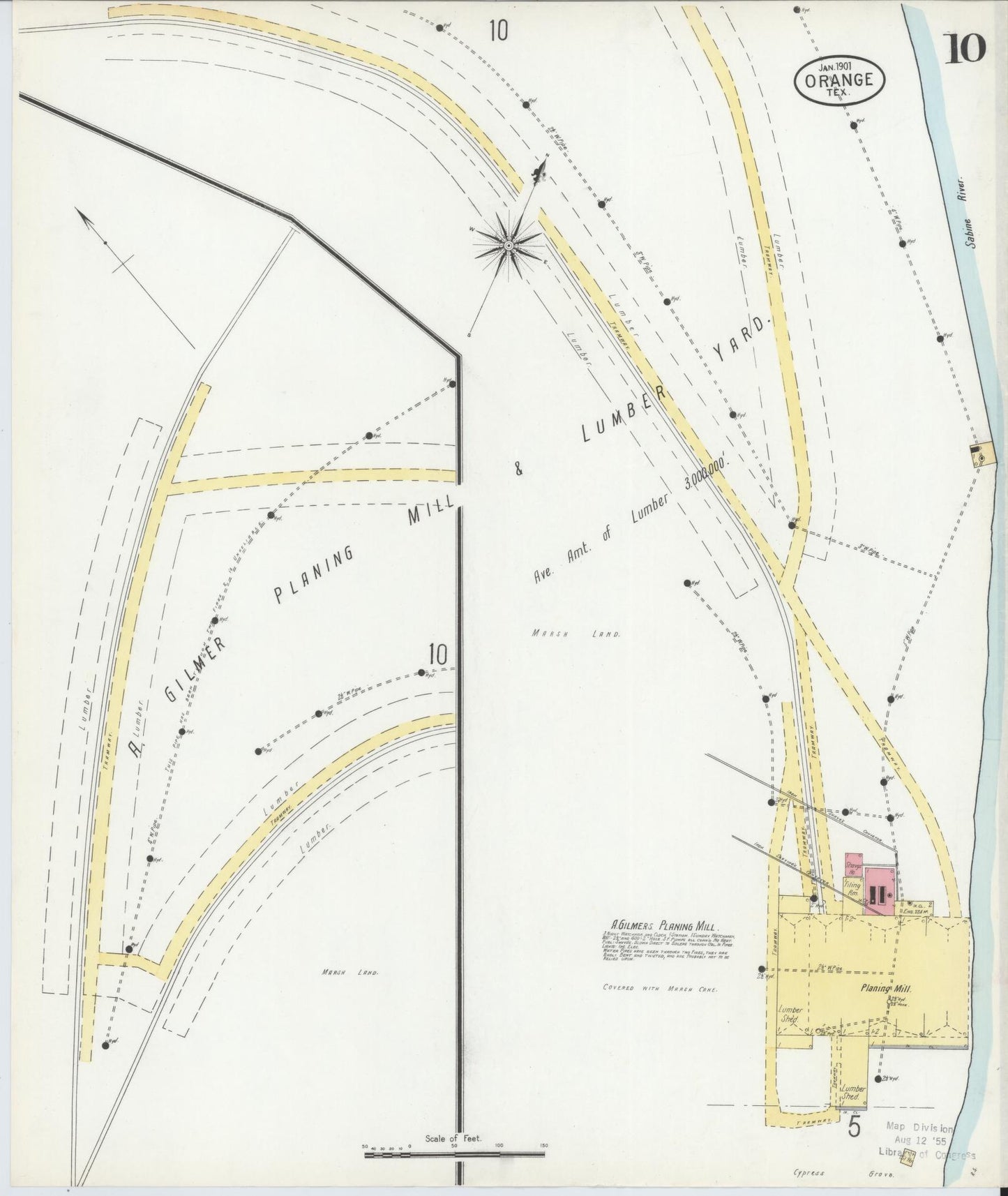 Sanborn Fire Insurance Map from Orange, Orange County, Texas (1901), Sheet #0010 - Historic Sanborn Fire Insurance Map Print, vintage old map wall art, antique decor, genealogy gift, Texas Texas map