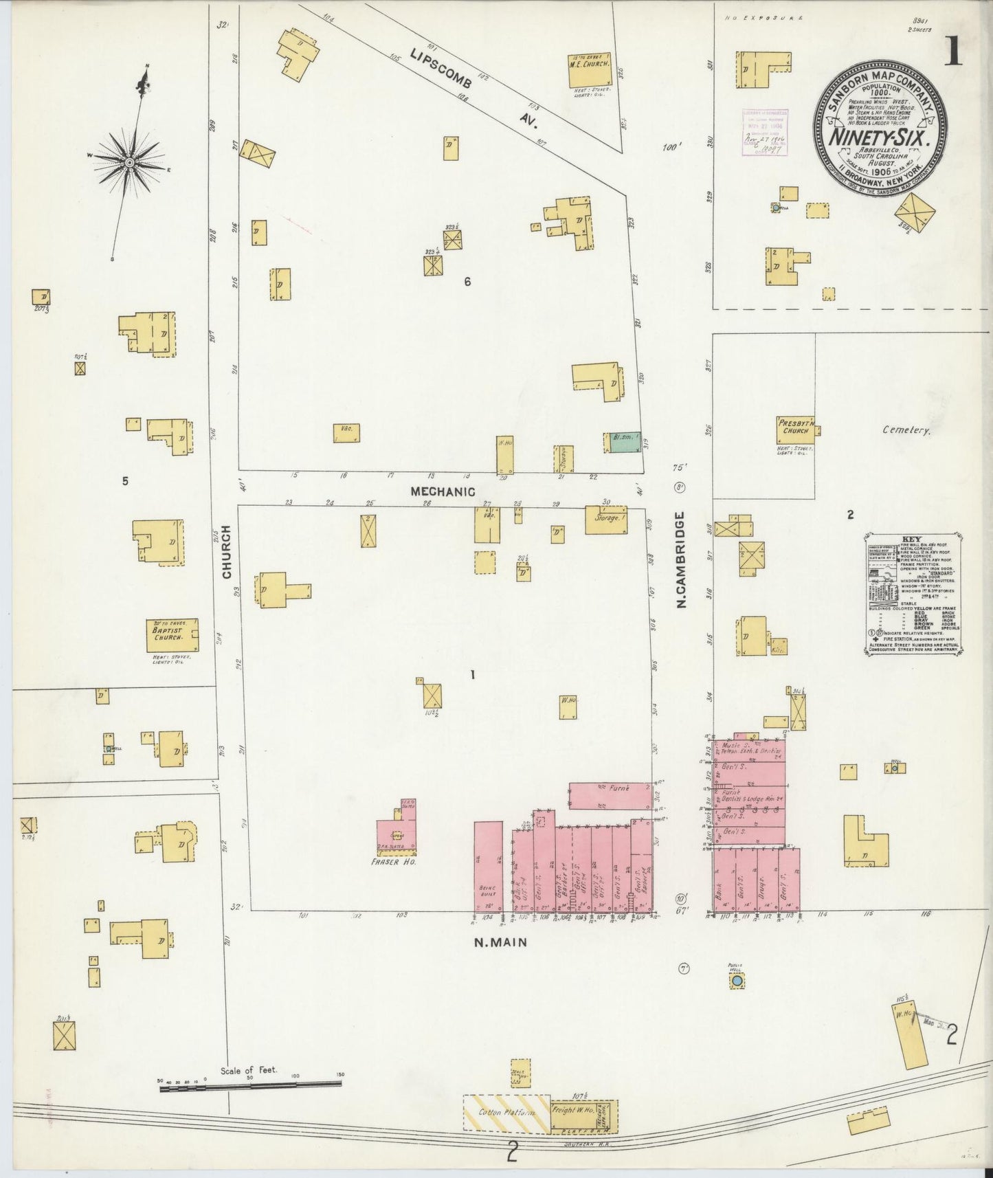 Sanborn Fire Insurance Map from Ninety Six, Greenwood County, South Carolina (1906), Sheet #0001 - Complete Map Set gallery image, historic Sanborn map, vintage wall art, South Carolina South Carolina