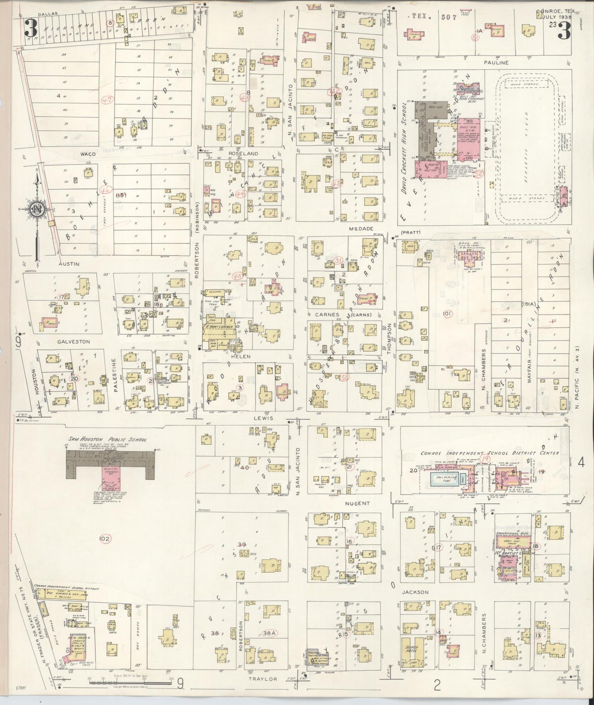 Sanborn Fire Insurance Map from Conroe, Montgomery County, Texas (1943), Sheet #0003 - Historic Sanborn Fire Insurance Map Print, vintage old map wall art, antique decor, genealogy gift, Texas Texas map