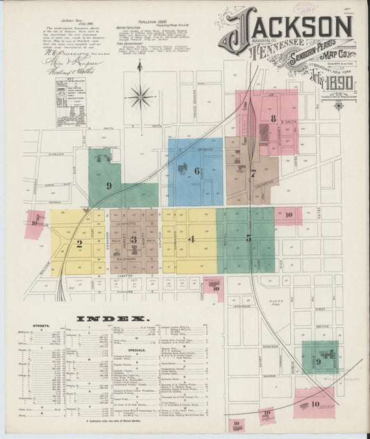 Sanborn Fire Insurance Map from Jackson, Madison County, Tennessee (1890), Sheet #0001 - Historic Sanborn Fire Insurance Map Print, vintage old map wall art, antique decor, genealogy gift, Tennessee Tennessee map