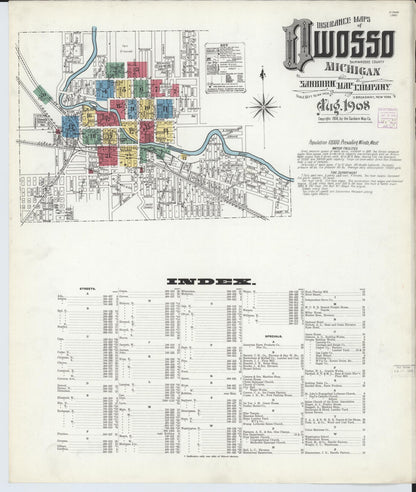 Sanborn Fire Insurance Map from Owosso, Shiawassee County, Michigan (1908), Sheet #0001 - Historic Sanborn Fire Insurance Map Print, vintage old map wall art, antique decor, genealogy gift, Michigan Michigan map