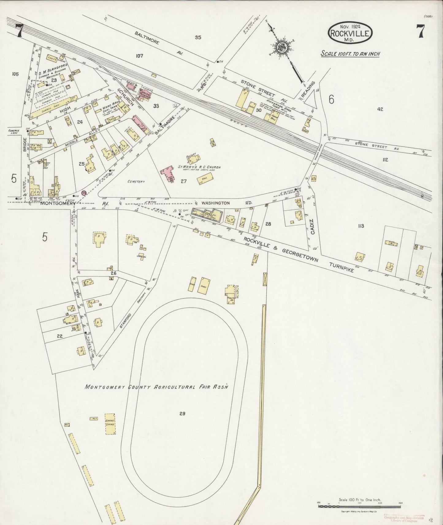 Sanborn Fire Insurance Map from Rockville, Montgomery County, Maryland (1924), Sheet #0007 - Historic Sanborn Fire Insurance Map Print, vintage old map wall art