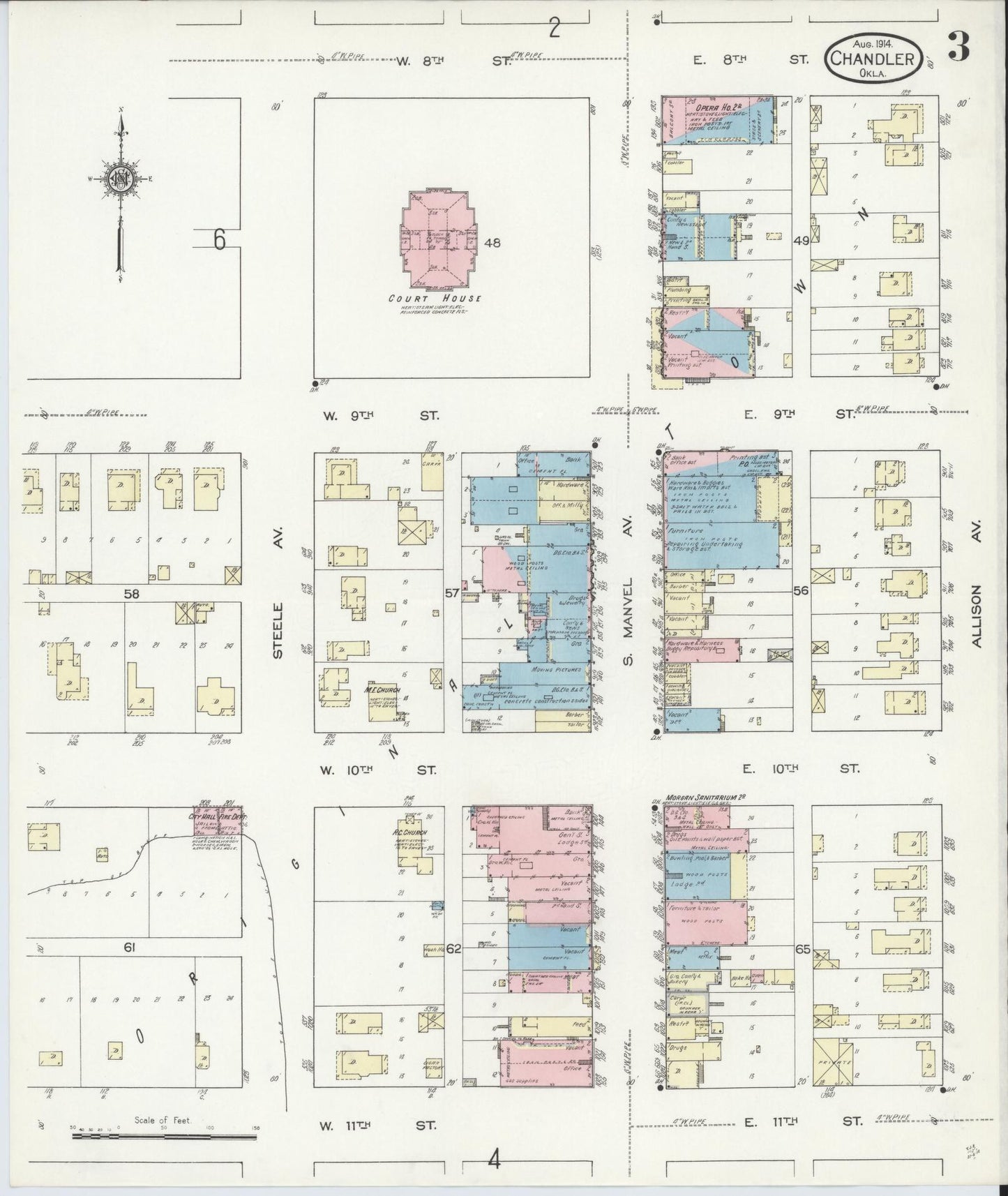 Sanborn Fire Insurance Map from Chandler, Lincoln County, Oklahoma (1914), Sheet #0003 - Complete Map Set gallery image, historic Sanborn map, vintage wall art, Oklahoma Oklahoma