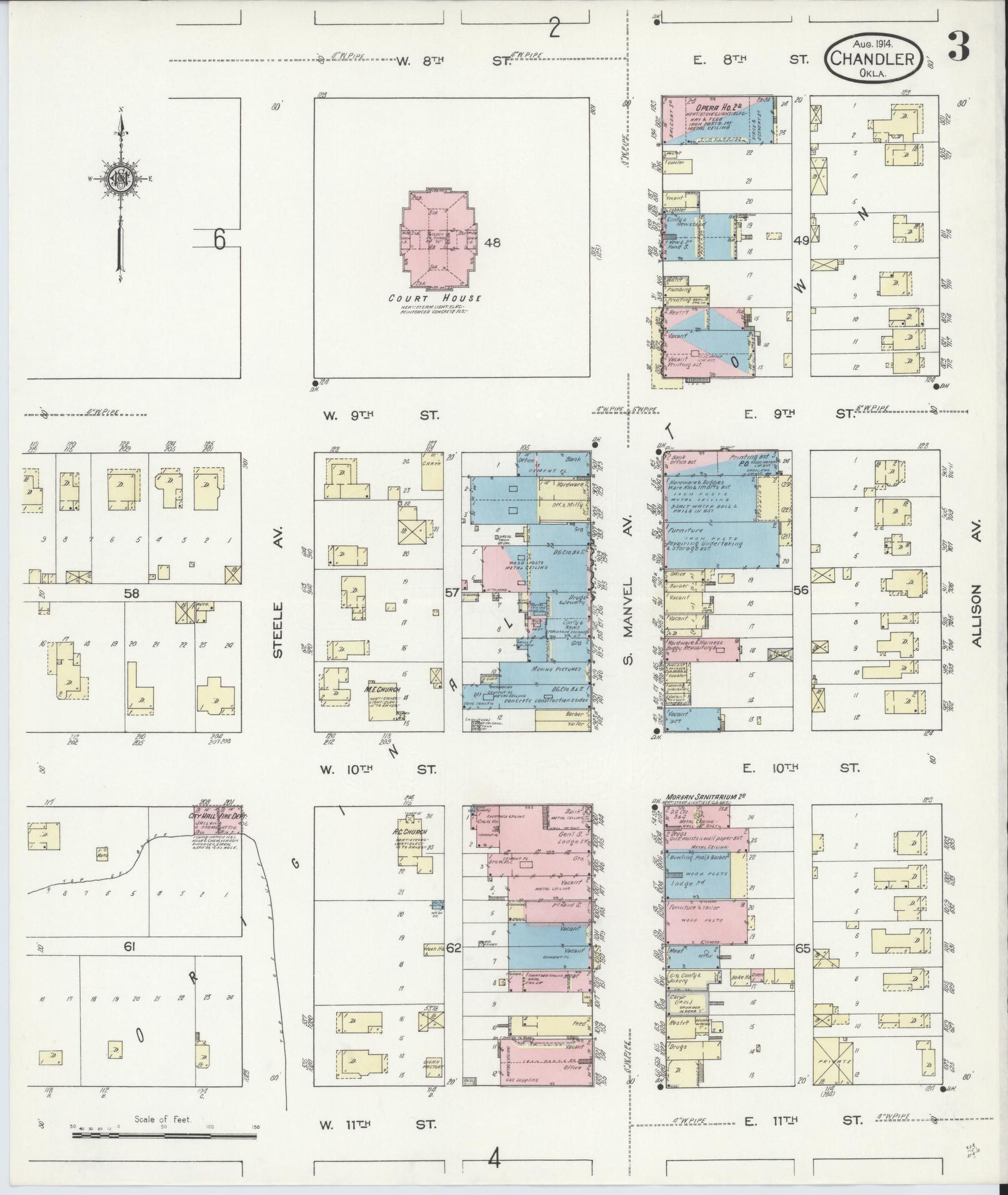 Sanborn Fire Insurance Map from Chandler, Lincoln County, Oklahoma (1914), Sheet #0003 - Complete Map Set gallery image, historic Sanborn map, vintage wall art, Oklahoma Oklahoma