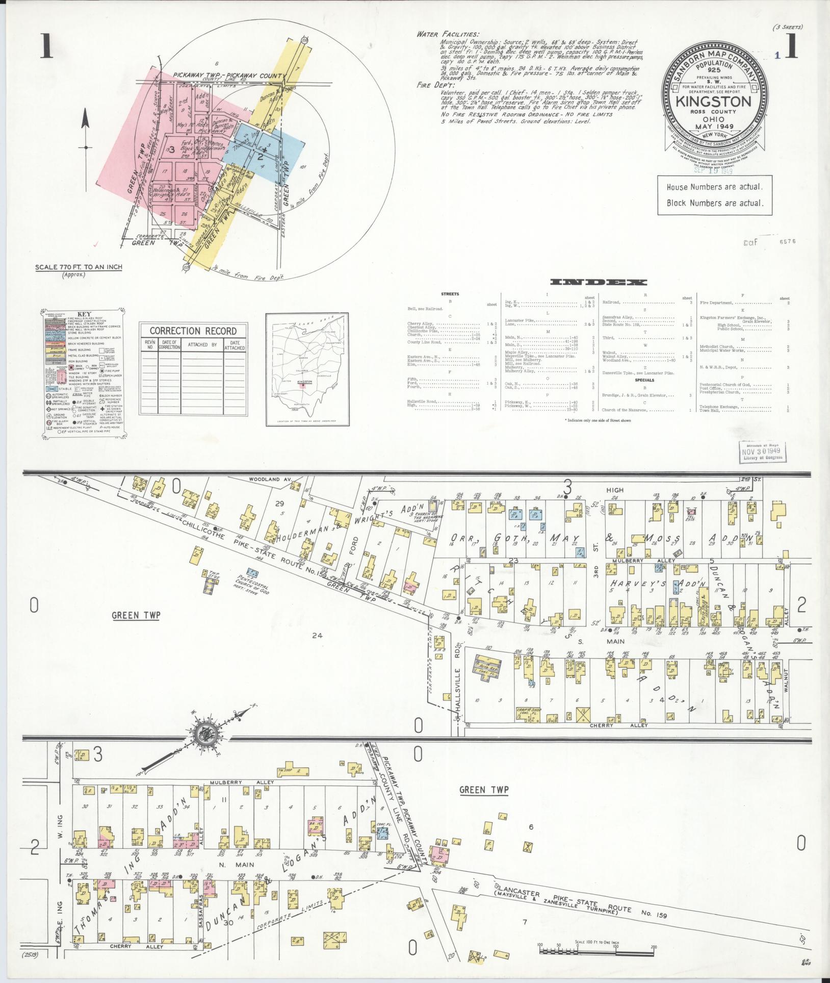 Sanborn Fire Insurance Map from Kingston, Ross County, Ohio (1949), Sheet #0001 - Historic Sanborn Fire Insurance Map Print, vintage old map wall art, antique decor, genealogy gift, Ohio Ohio map