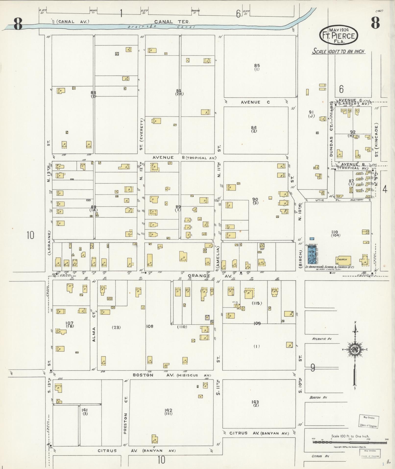 Sanborn Fire Insurance Map from Fort Pierce, St Lucie County, Florida (1924), Sheet #0008 - Historic Sanborn Fire Insurance Map Print, vintage old map wall art, antique decor, genealogy gift, Florida Florida map