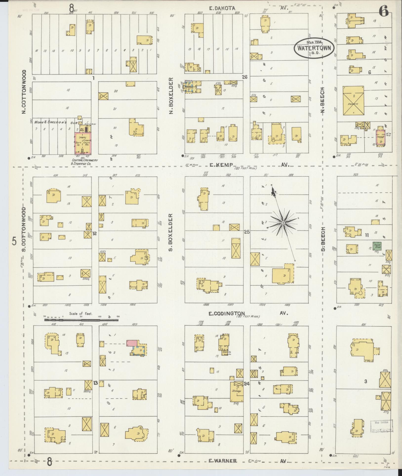 Sanborn Fire Insurance Map from Watertown, Codington County, South Dakota (1904), Sheet #0006 - Historic Sanborn Fire Insurance Map Print, vintage old map wall art, antique decor, genealogy gift, South Dakota South Dakota map