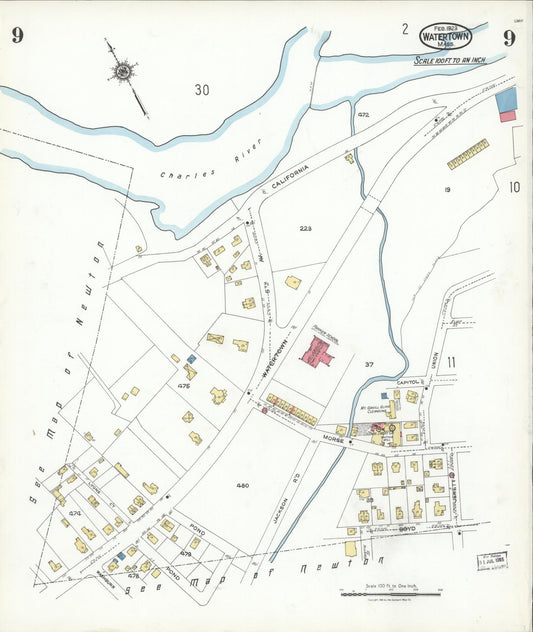 Sanborn Fire Insurance Map from Watertown, Middlesex County, Massachusetts (1923), Sheet #0009 - Historic Sanborn Fire Insurance Map Print, vintage old map wall art, antique decor, genealogy gift, Massachusetts Massachusetts map