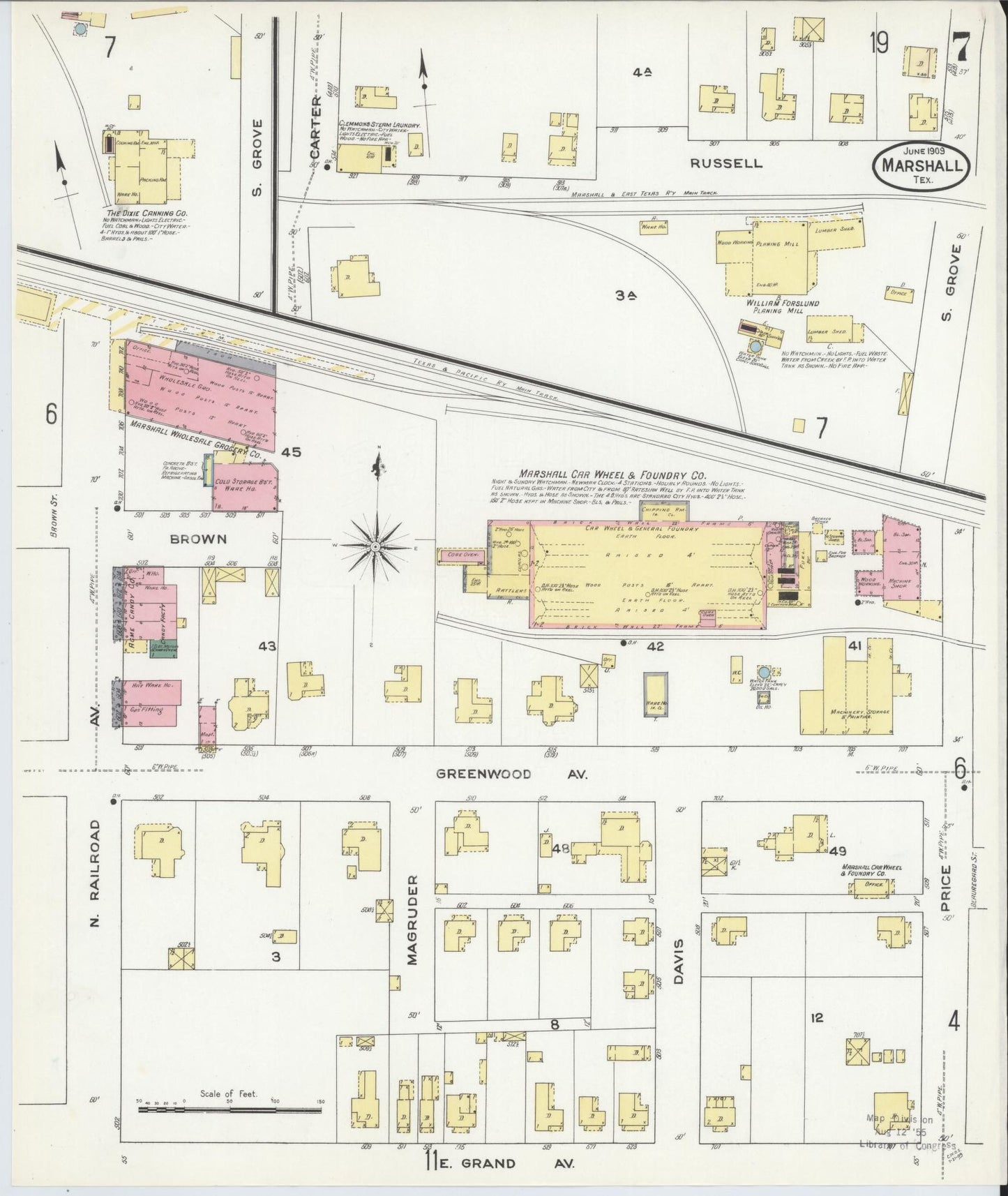 Sanborn Fire Insurance Map from Marshall, Harrison County, Texas (1909), Sheet #0007 - Complete Map Set gallery image, historic Sanborn map, vintage wall art, Texas Texas
