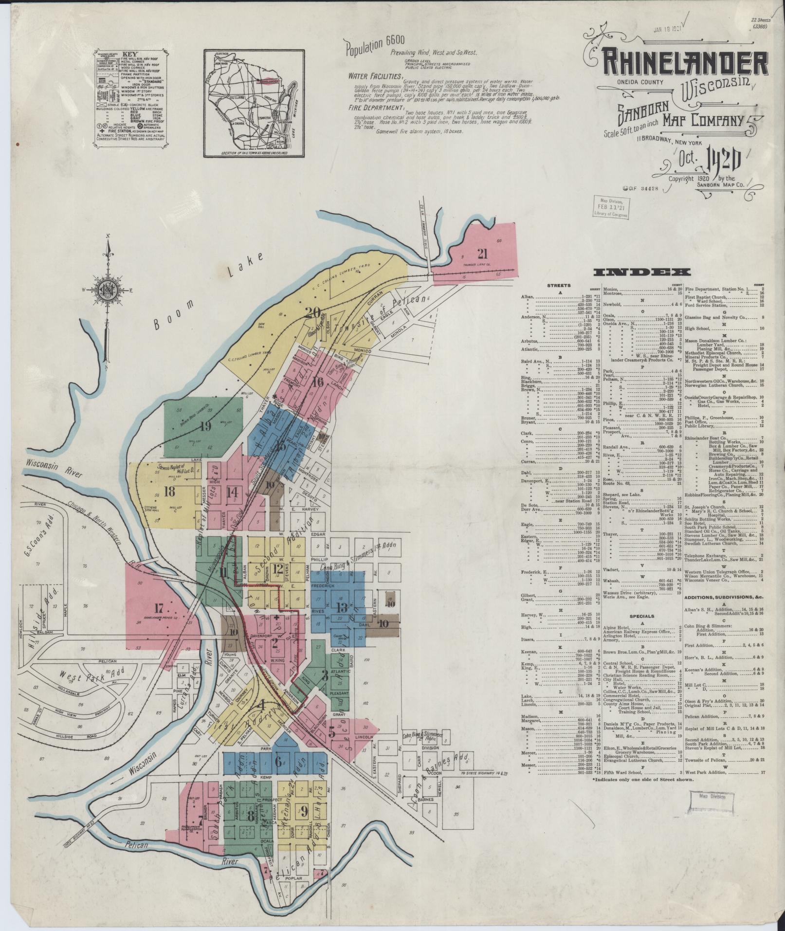 Sanborn Fire Insurance Map from Rhinelander, Oneida County, Wisconsin (1920), Sheet #0001 - Historic Sanborn Fire Insurance Map Print, vintage old map wall art, antique decor, genealogy gift, Wisconsin Wisconsin map