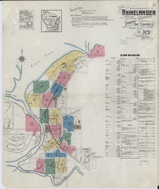 Sanborn Fire Insurance Map from Rhinelander, Oneida County, Wisconsin (1920), Sheet #0001 - Historic Sanborn Fire Insurance Map Print, vintage old map wall art, antique decor, genealogy gift, Wisconsin Wisconsin map