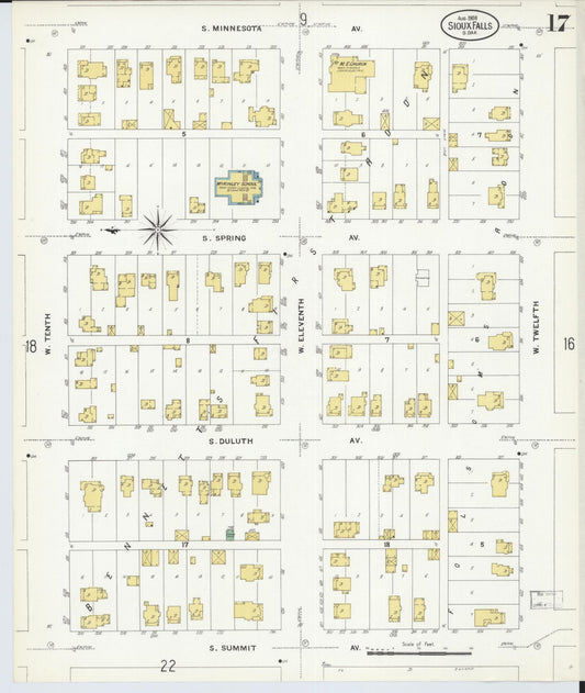 Sanborn Fire Insurance Map from Sioux Falls, Minnehaha County, South Dakota (1908), Sheet #0017 - Historic Sanborn Fire Insurance Map Print, vintage old map wall art, antique decor, genealogy gift, South Dakota South Dakota map