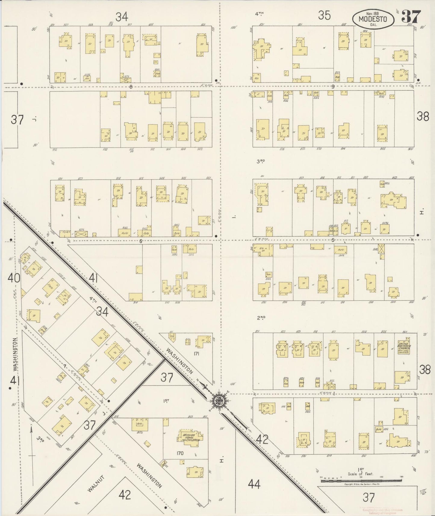 Sanborn Fire Insurance Map from Modesto, Stanislaus County, California (1919), Sheet #0037 - Complete Map Set gallery image, historic Sanborn map, vintage wall art, California California