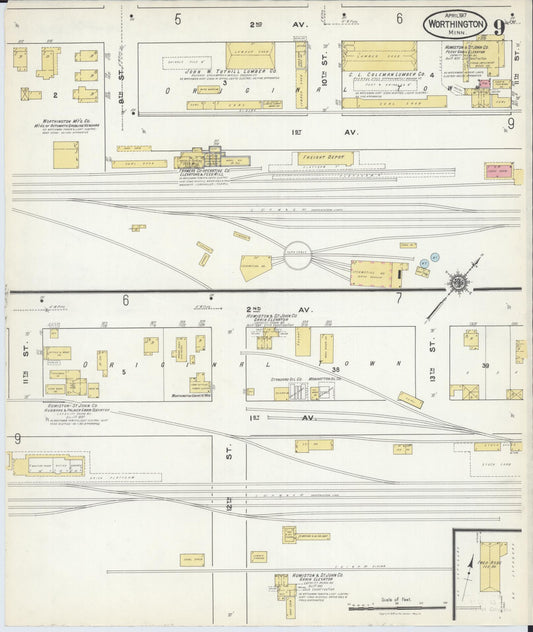 Sanborn Fire Insurance Map from Worthington, Nobles County, Minnesota (1917), Sheet #0009 - Historic Sanborn Fire Insurance Map Print, vintage old map wall art, antique decor, genealogy gift, Minnesota Minnesota map