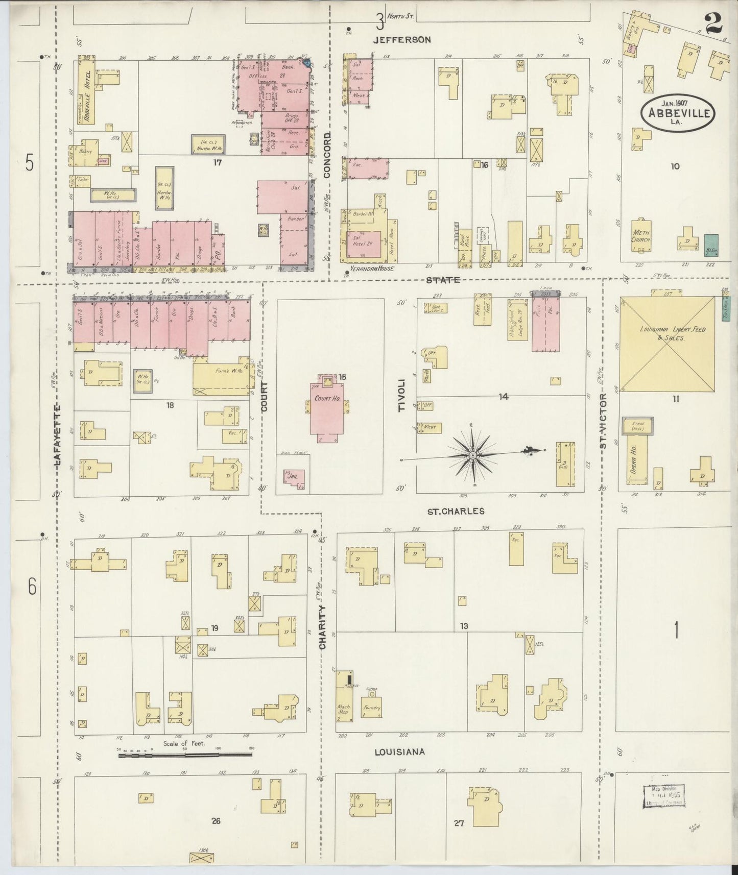 Sanborn Fire Insurance Map from Abbeville, Vermilion Parish, Louisiana (1907), Sheet #0002 - Complete Map Set gallery image, historic Sanborn map, vintage wall art, Louisiana Louisiana