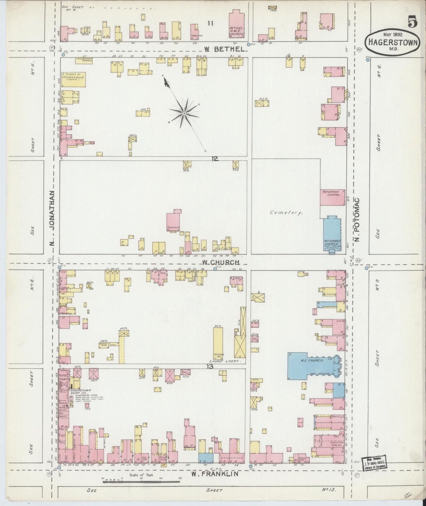 Washington, Maryland - 1892 - Sanborn Fire Insurance Map, Sheet #0005 - Historic Sanborn Fire Insurance Map Print, Washington Maryland 1892 0005 vintage old map wall art