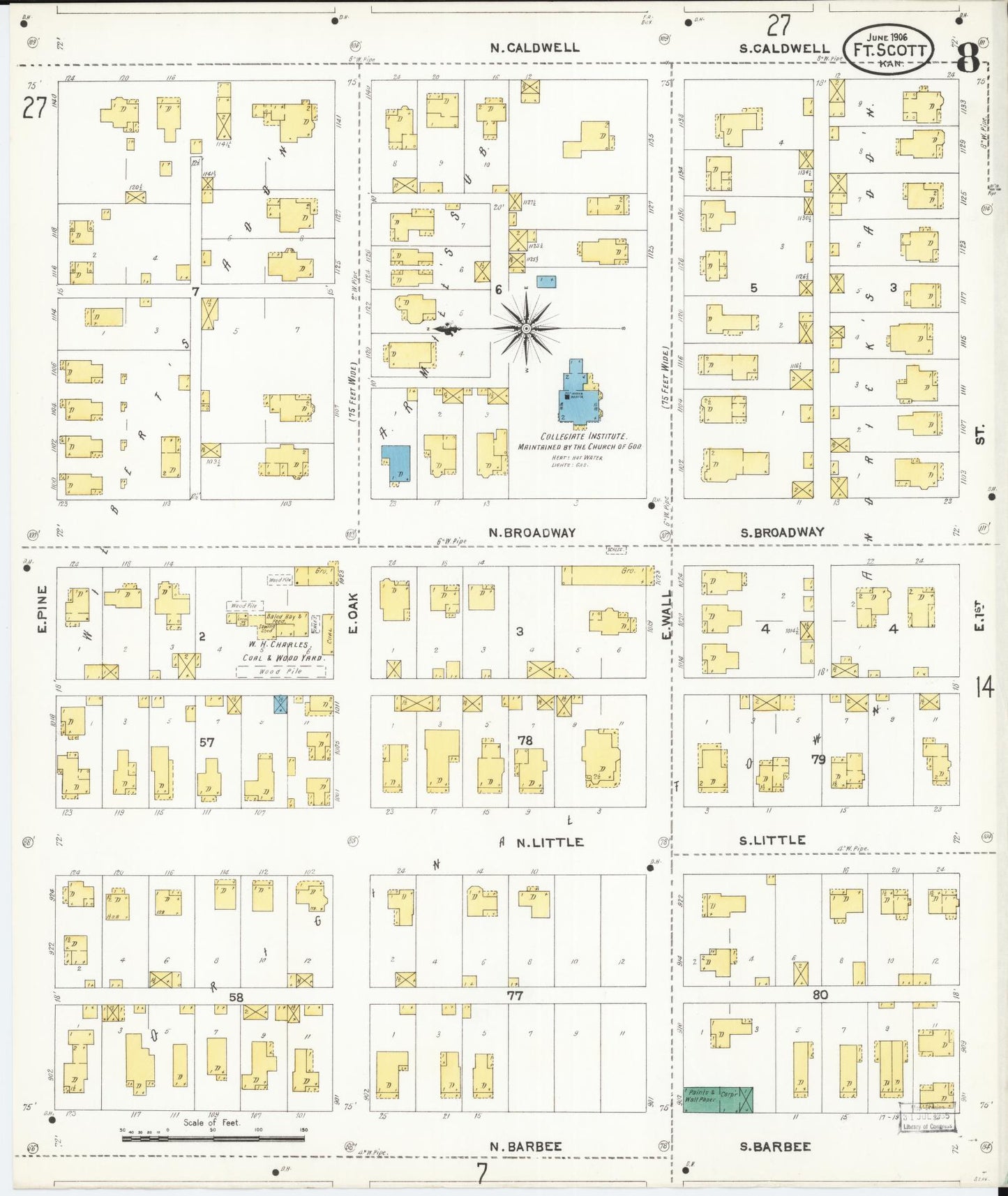 Sanborn Fire Insurance Map from Fort Scott, Bourbon County, Kansas (1906), Sheet #0008 - Complete Map Set gallery image, historic Sanborn map, vintage wall art, Kansas Kansas