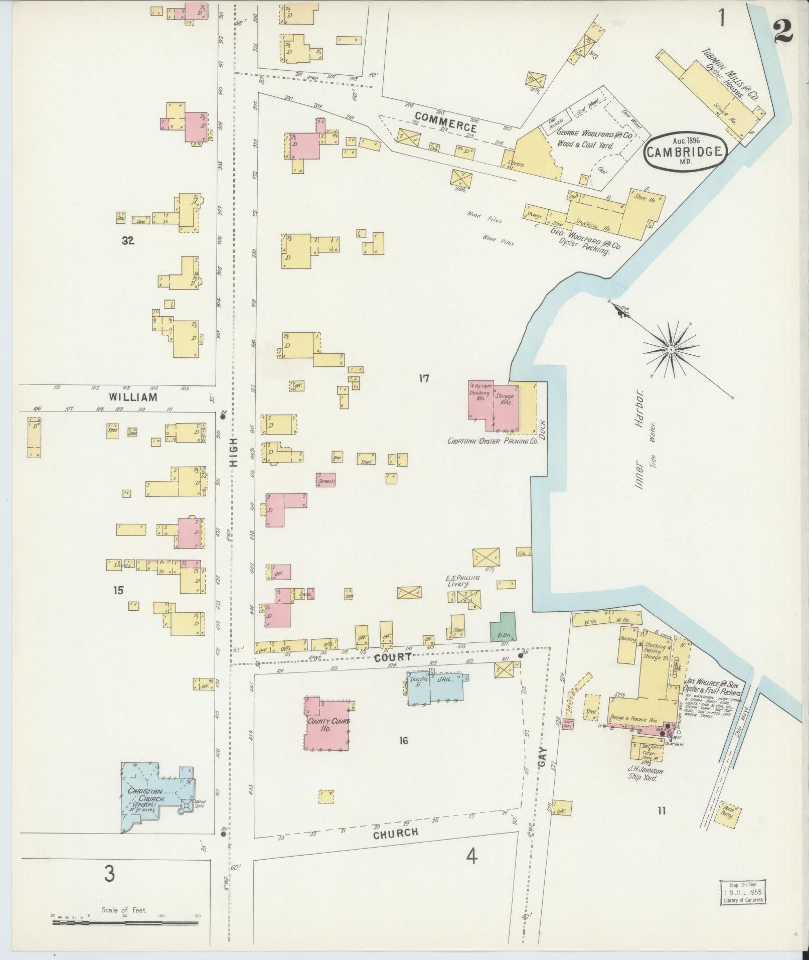 Dorchester, Maryland - 1896 - Sanborn Fire Insurance Map, Sheet #0002 - Historic Sanborn Fire Insurance Map Print, Dorchester Maryland 1896 0002 vintage old map wall art