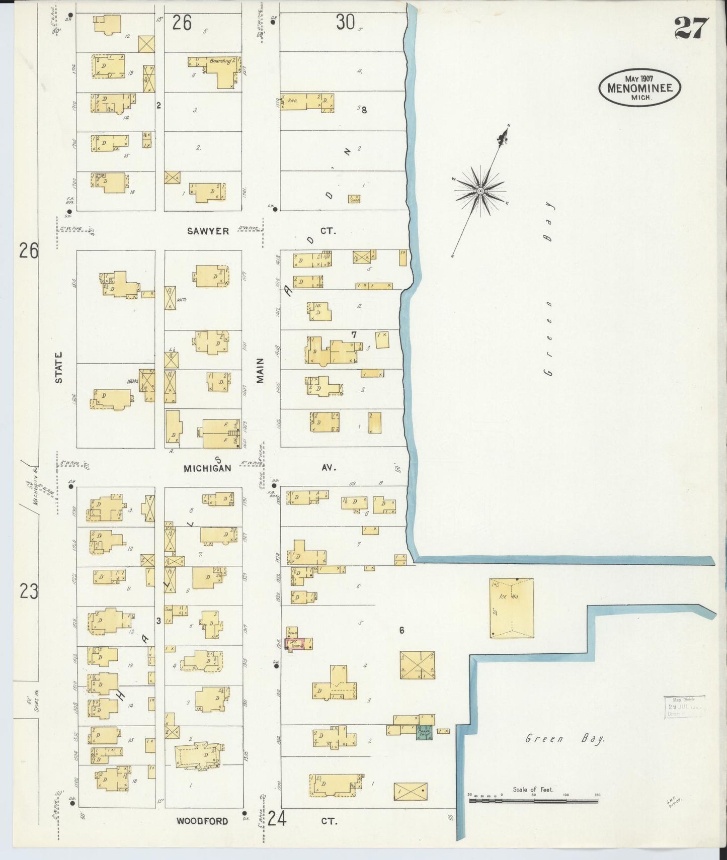 Sanborn Fire Insurance Map from Menominee, Menominee County, Michigan (1907), Sheet #0027 - Historic Sanborn Fire Insurance Map Print, vintage old map wall art, antique decor, genealogy gift, Michigan Michigan map