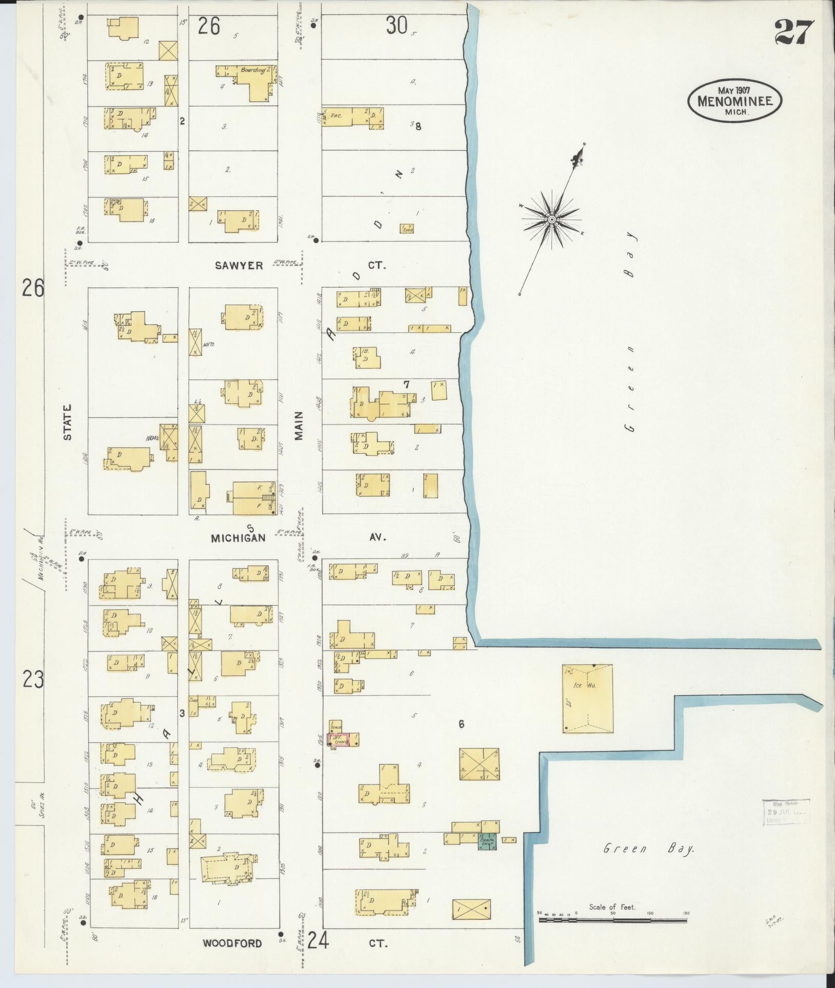 Sanborn Fire Insurance Map from Menominee, Menominee County, Michigan (1907), Sheet #0027 - Historic Sanborn Fire Insurance Map Print, vintage old map wall art, antique decor, genealogy gift, Michigan Michigan map