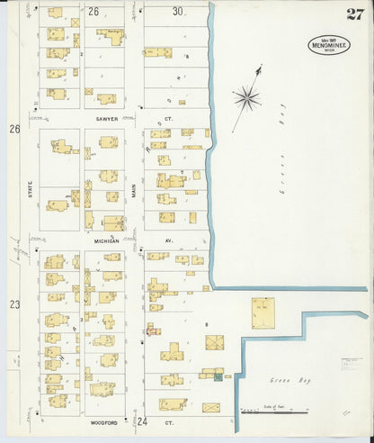 Sanborn Fire Insurance Map from Menominee, Menominee County, Michigan (1907), Sheet #0027 - Historic Sanborn Fire Insurance Map Print, vintage old map wall art, antique decor, genealogy gift, Michigan Michigan map
