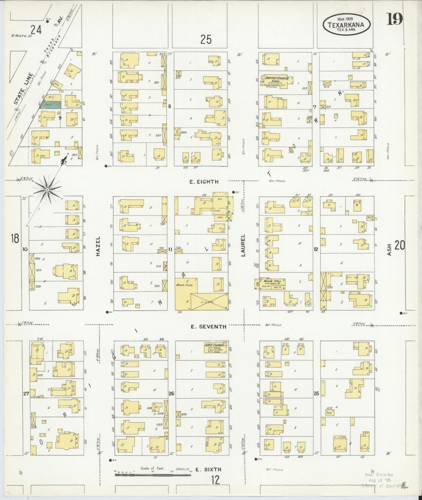 Sanborn Fire Insurance Map from Texarkana, Bowie County, Texas (1909), Sheet #0019 - Historic Sanborn Fire Insurance Map Print, vintage old map wall art, antique decor, genealogy gift, Texas Texas map
