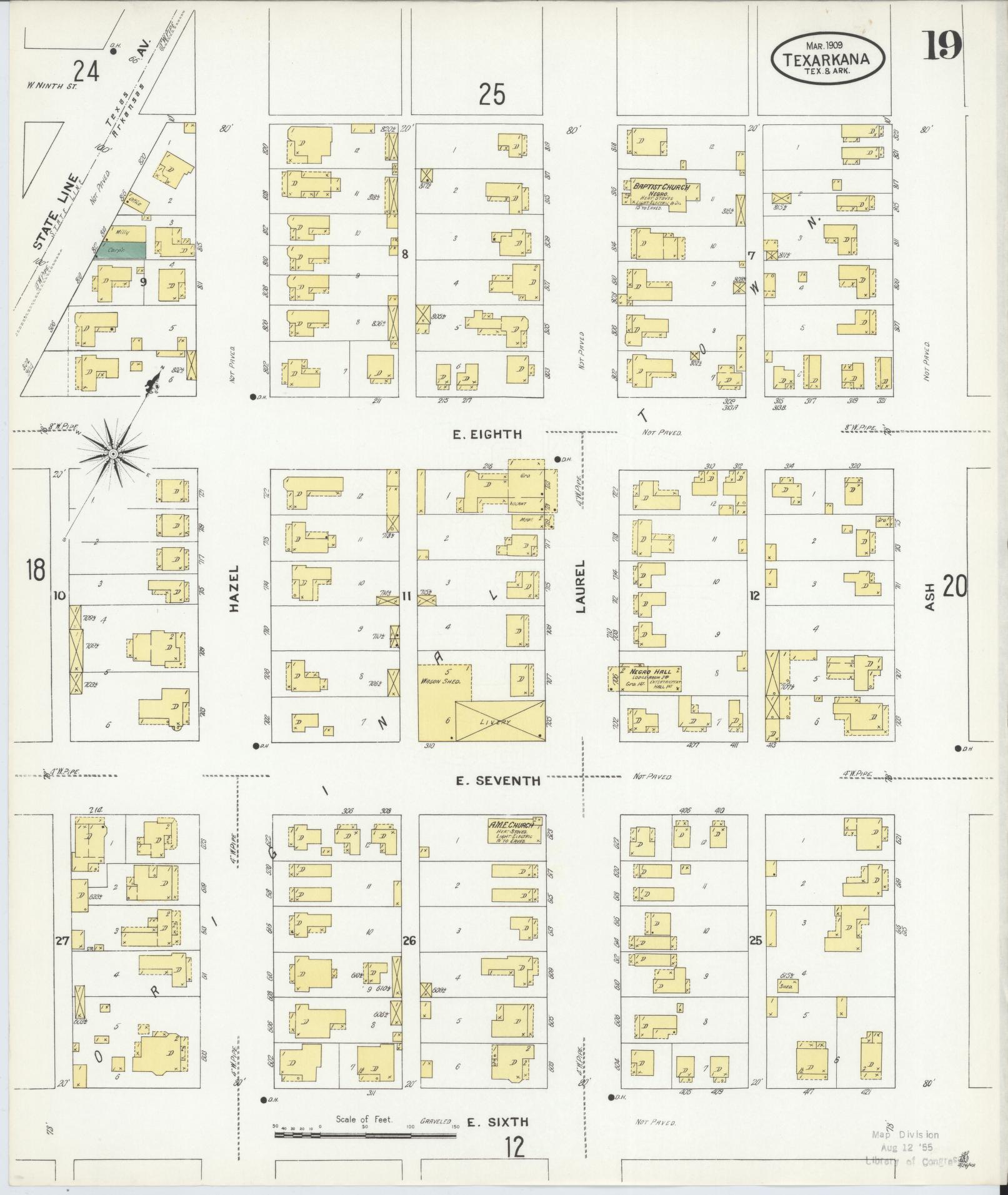 Sanborn Fire Insurance Map from Texarkana, Bowie County, Texas (1909), Sheet #0019 - Historic Sanborn Fire Insurance Map Print, vintage old map wall art, antique decor, genealogy gift, Texas Texas map