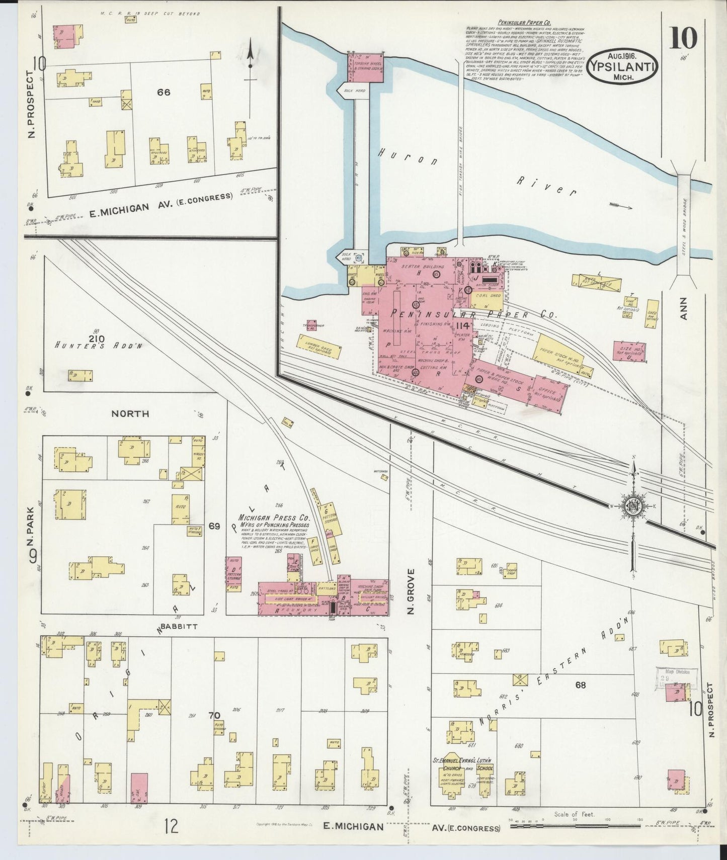 Sanborn Fire Insurance Map from Ypsilanti, Washtenaw County, Michigan (1916), Sheet #0010 - Complete Map Set gallery image, historic Sanborn map, vintage wall art, Michigan Michigan
