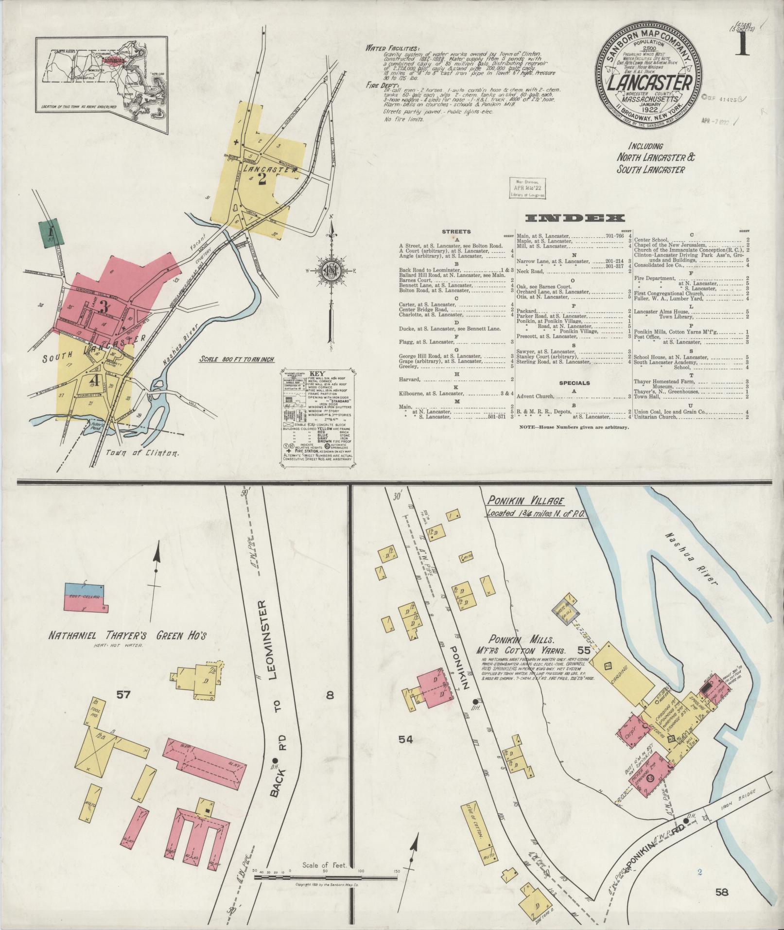 Sanborn Fire Insurance Map from Lancaster, Worcester County, Massachusetts (1922), Sheet #0001 - Historic Sanborn Fire Insurance Map Print, vintage old map wall art, antique decor, genealogy gift, Massachusetts Massachusetts map