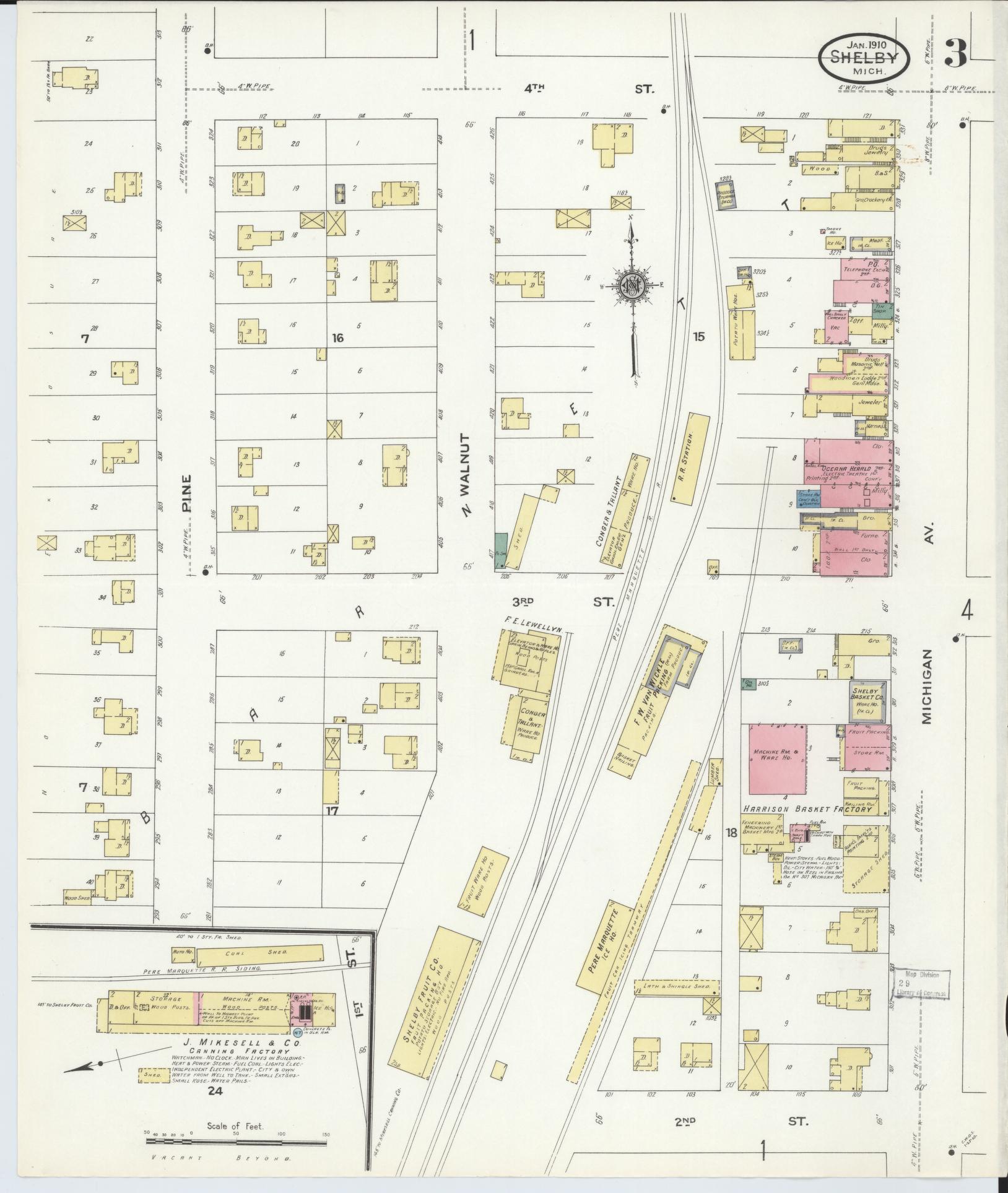 Sanborn Fire Insurance Map from Shelby, Oceana County, Michigan (1910), Sheet #0003 - Historic Sanborn Fire Insurance Map Print, vintage old map wall art, antique decor, genealogy gift, Michigan Michigan map