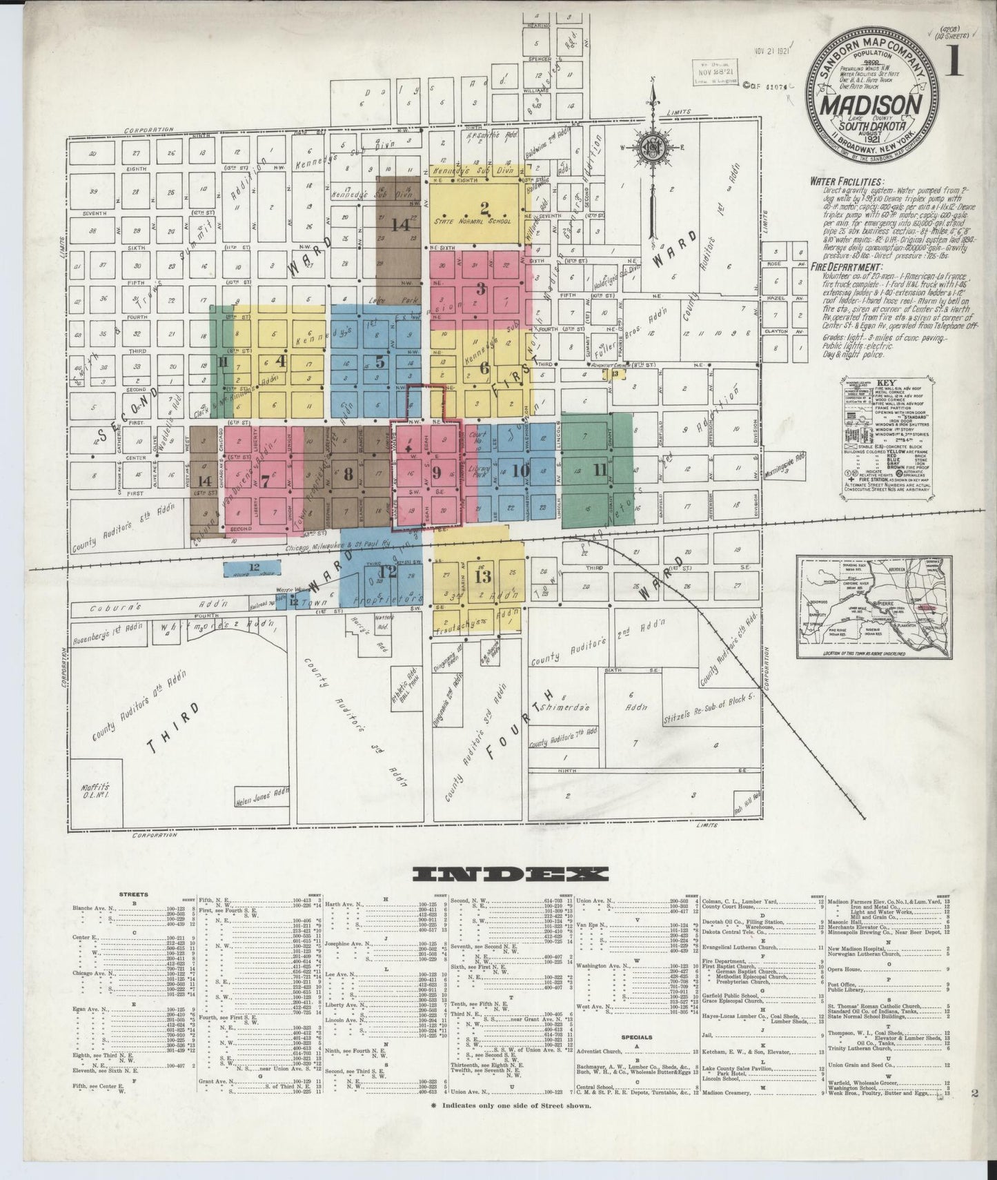 Sanborn Fire Insurance Map from Madison, Lake County, South Dakota (1921), Sheet #0001 - Complete Map Set gallery image, historic Sanborn map, vintage wall art, South Dakota South Dakota