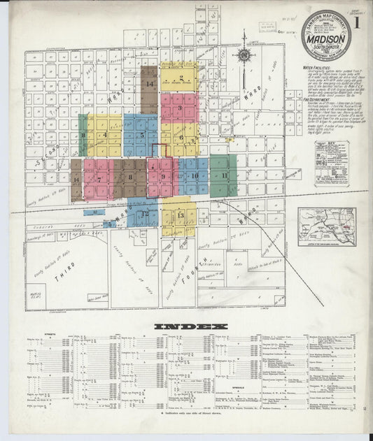 Sanborn Fire Insurance Map from Madison, Lake County, South Dakota (1921), Sheet #0001 - Complete Map Set gallery image, historic Sanborn map, vintage wall art, South Dakota South Dakota