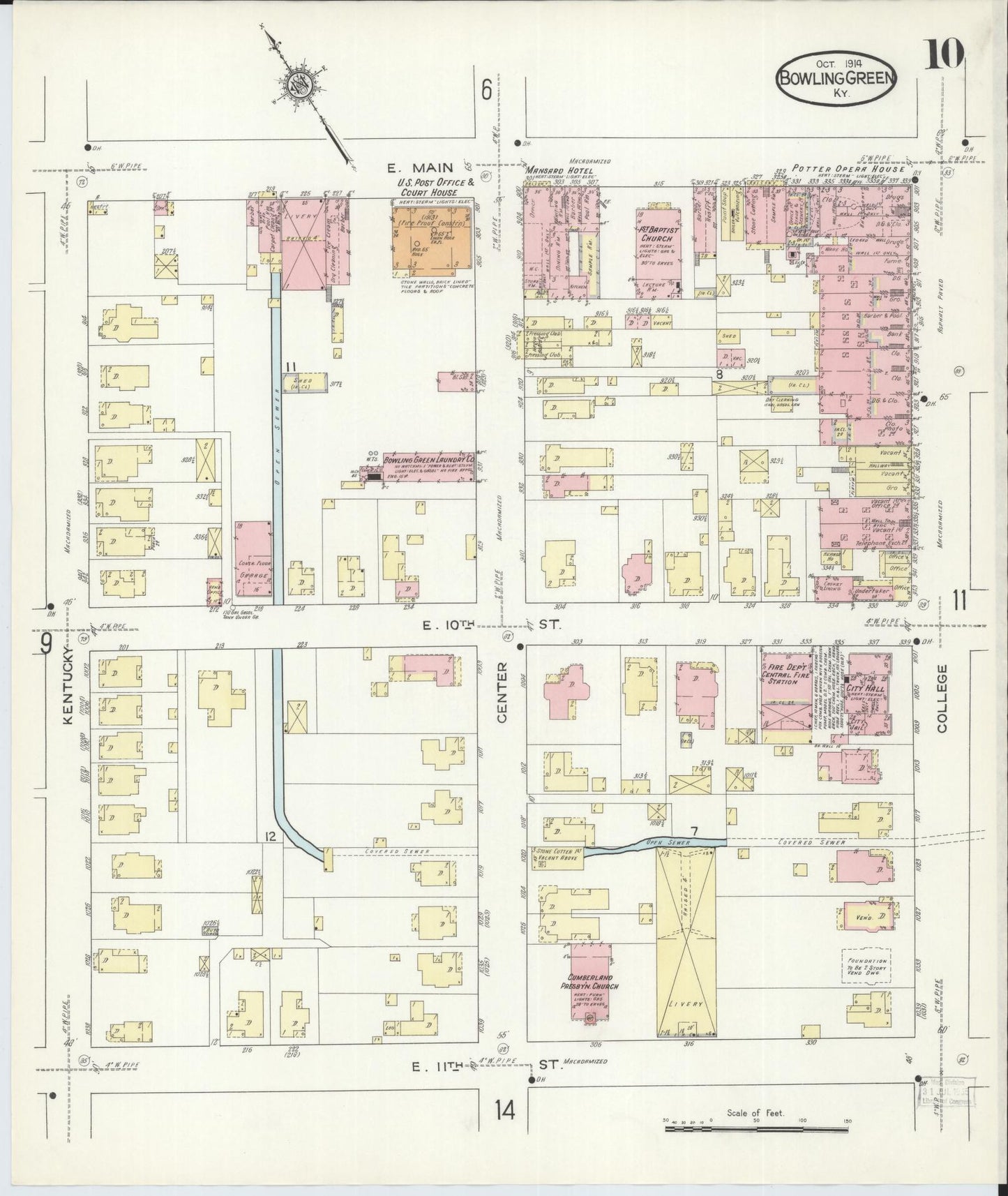 Sanborn Fire Insurance Map from Bowling Green, Warren County, Kentucky (1914), Sheet #0010 - Historic Sanborn Fire Insurance Map Print, vintage old map wall art, antique decor, genealogy gift, Kentucky Kentucky map