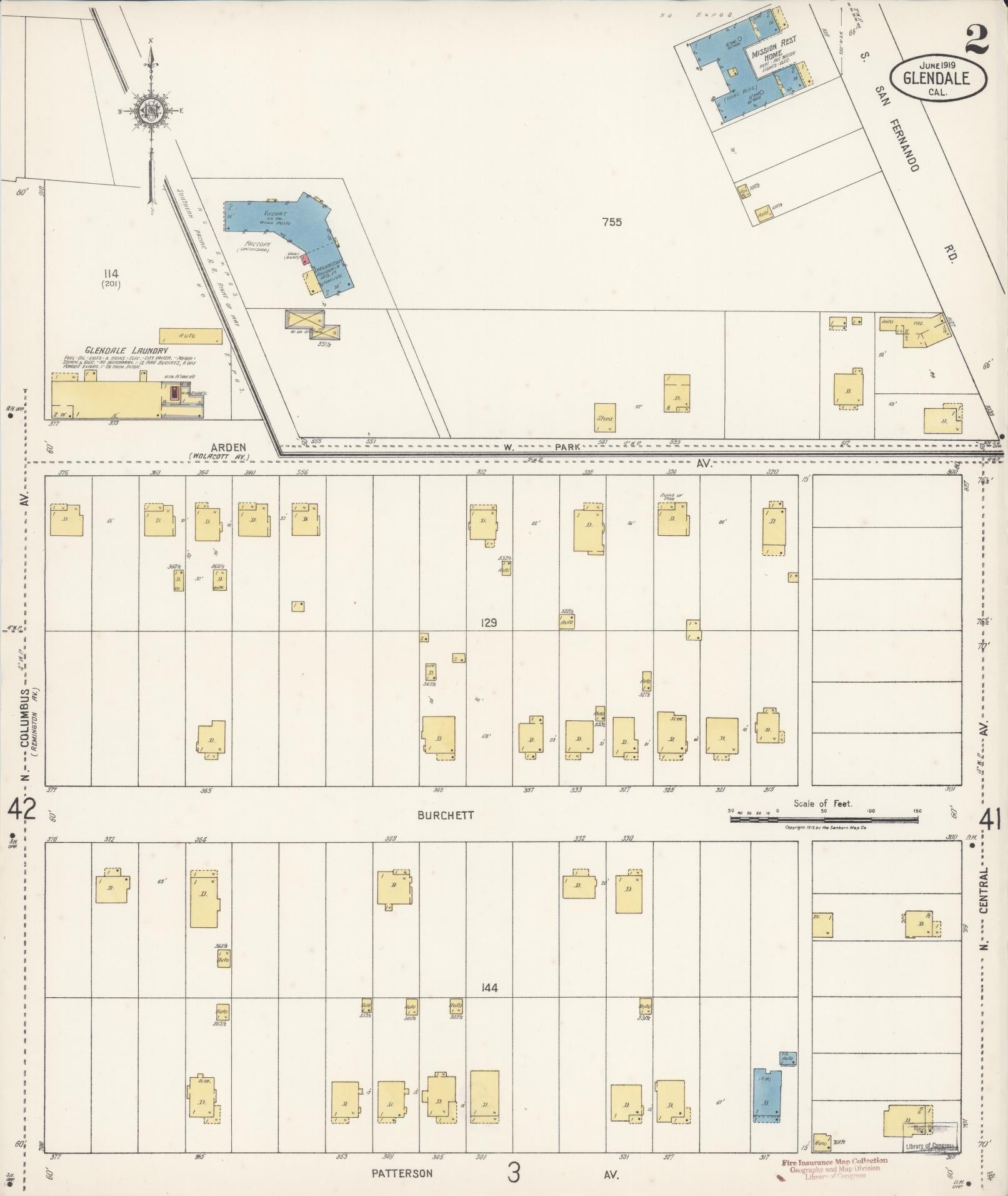 Sanborn Fire Insurance Map from Glendale, Los Angeles County, California (1919), Sheet #0002 - Historic Sanborn Fire Insurance Map Print, vintage old map wall art, antique decor, genealogy gift, California California map