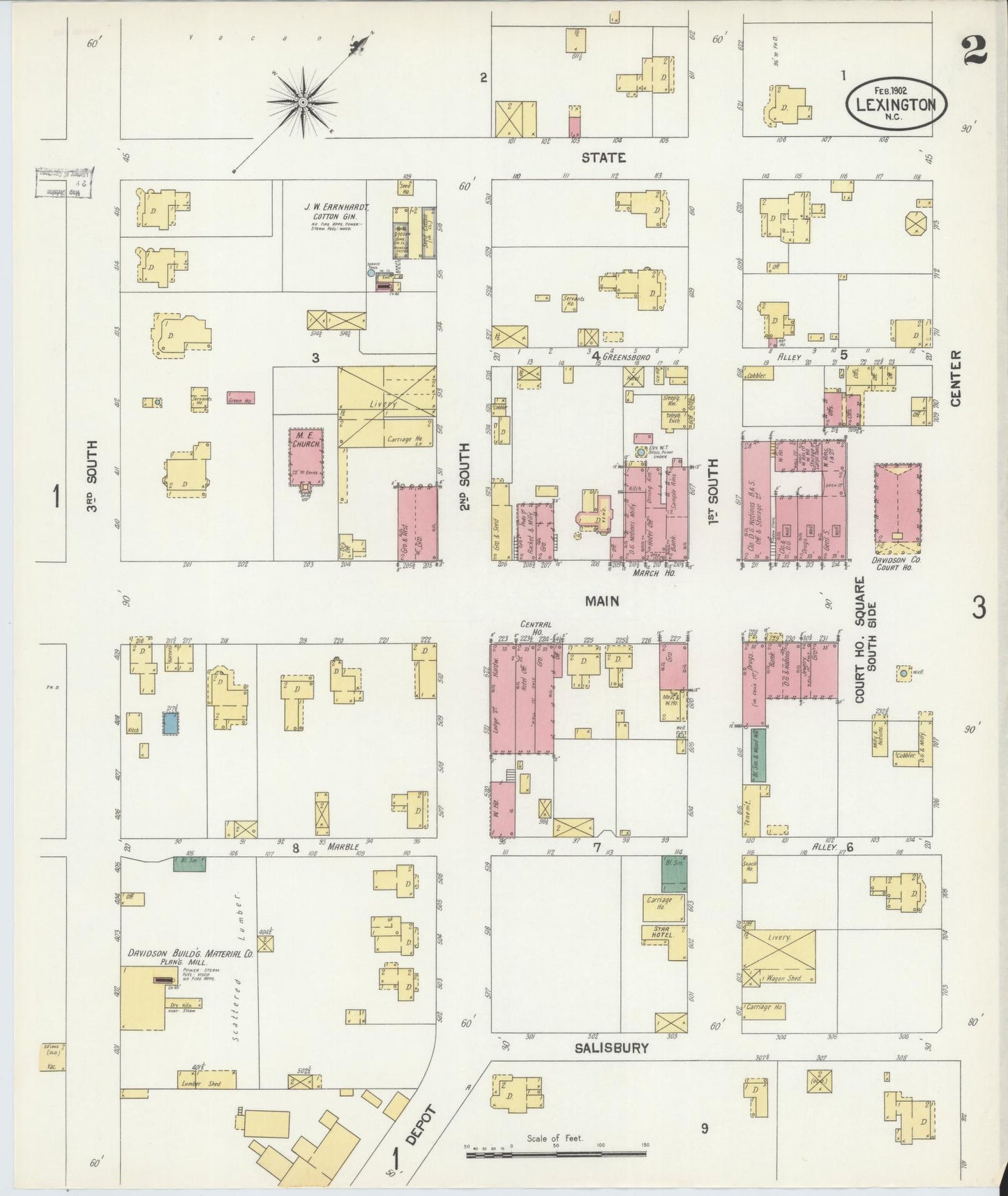 Sanborn Fire Insurance Map from Lexington, Davidson County, North Carolina (1902), Sheet #0002 - Historic Sanborn Fire Insurance Map Print, vintage old map wall art, antique decor, genealogy gift, North Carolina North Carolina map
