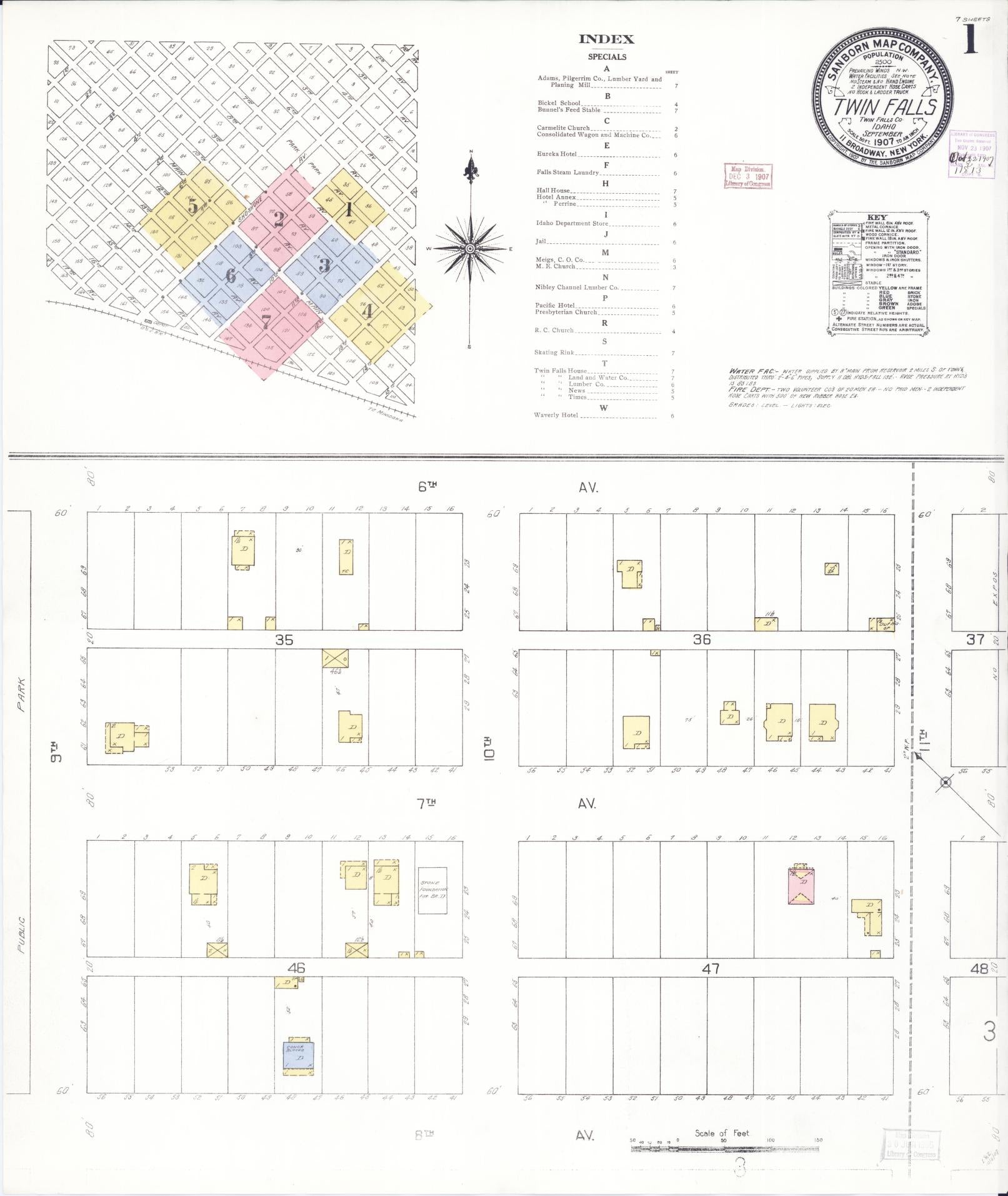 Sanborn Fire Insurance Map from Twin Falls, Twin Falls County, Idaho (1907), Sheet #0001 - Historic Sanborn Fire Insurance Map Print, vintage old map wall art, antique decor, genealogy gift, Falls Idaho map