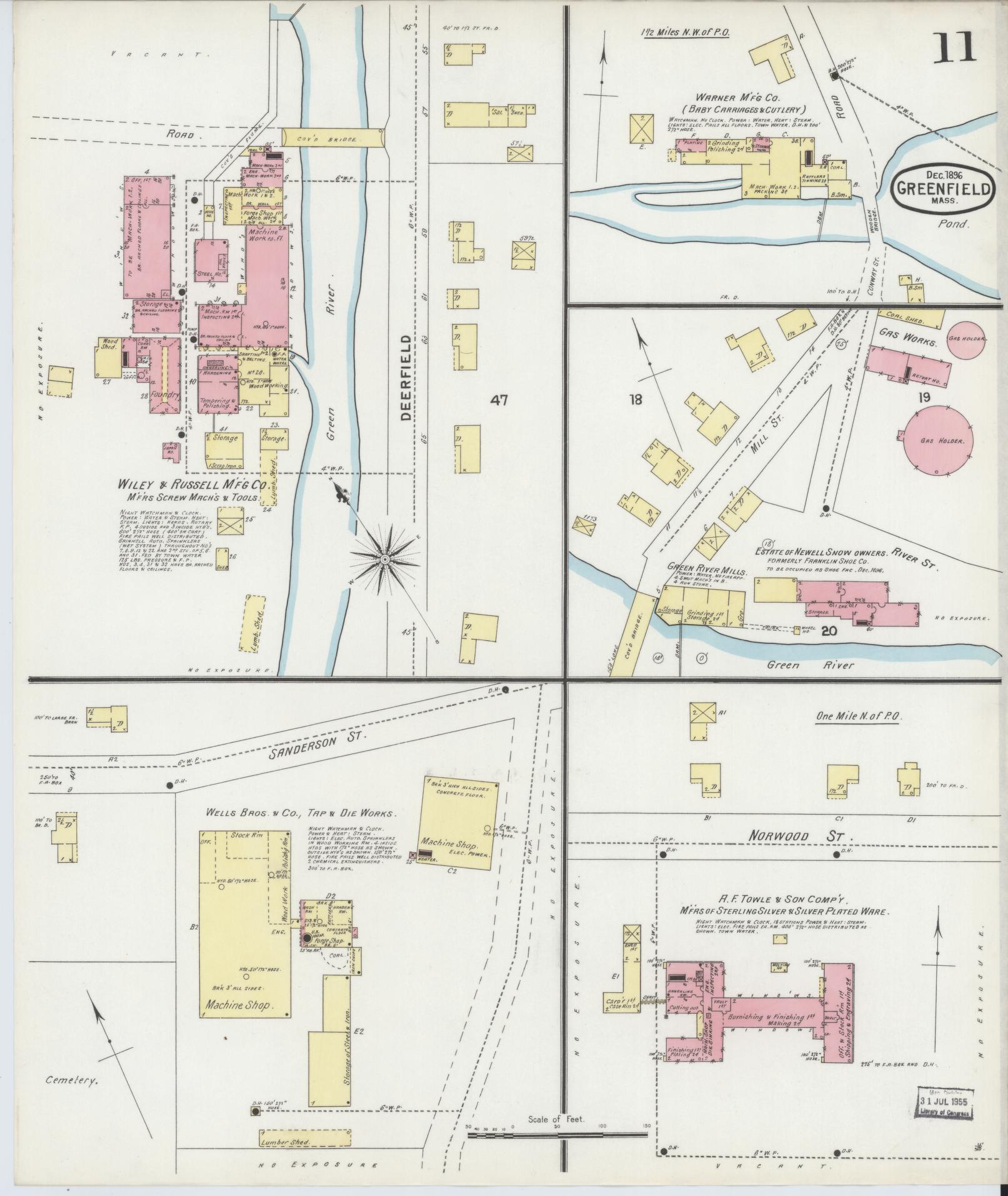 Sanborn Fire Insurance Map from Greenfield, Franklin County, Massachusetts (1896), Sheet #0011 - Complete Map Set gallery image, historic Sanborn map, vintage wall art, Massachusetts Massachusetts