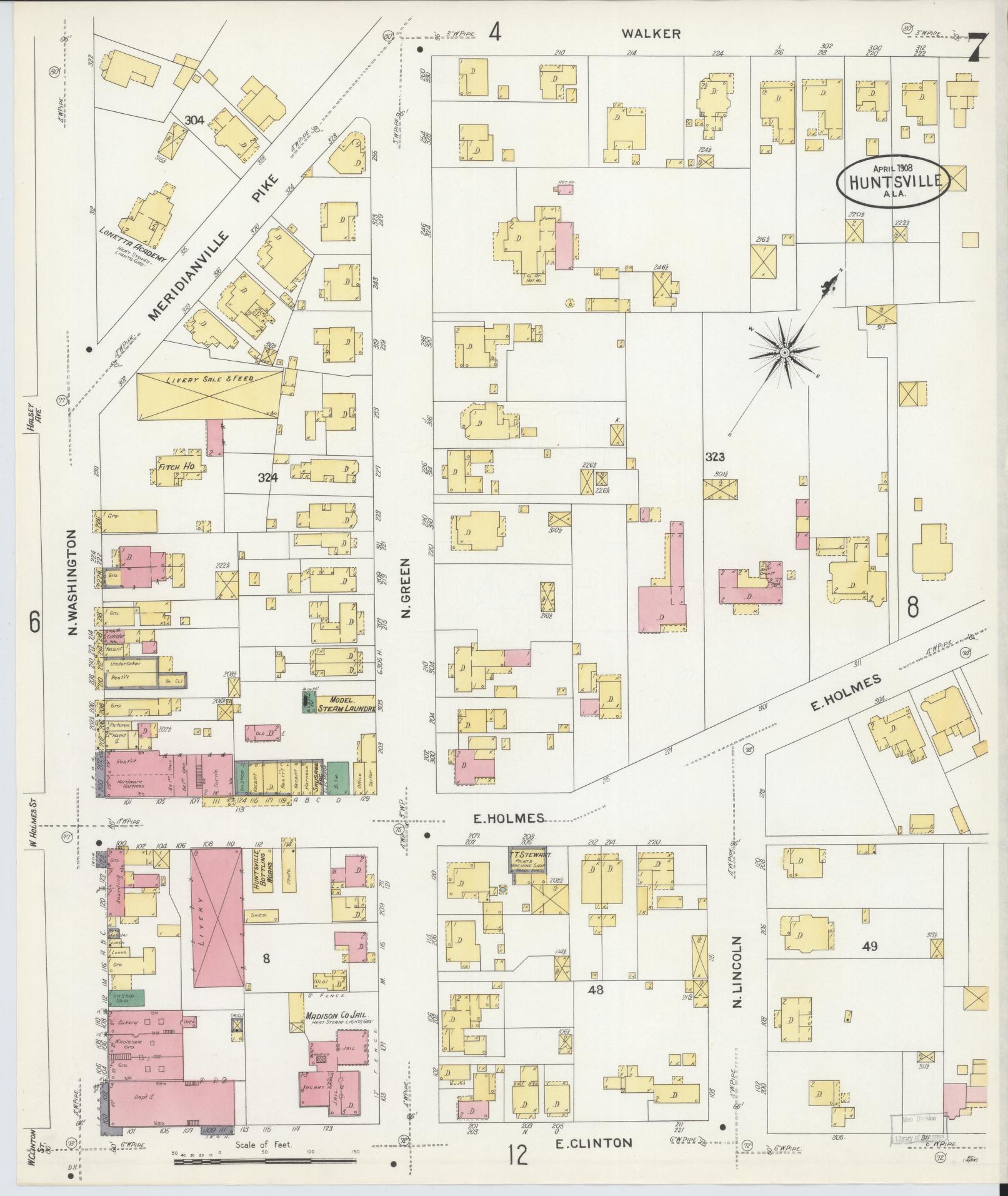 Sanborn Fire Insurance Map from Huntsville, Madison County, Alabama (1908), Sheet #0007 - Historic Sanborn Fire Insurance Map Print, vintage old map wall art, antique decor, genealogy gift, Alabama Alabama map