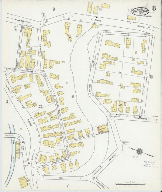 Sanborn Fire Insurance Map from Brattleboro, Windham County, Vermont (1919), Sheet #0008 - Historic Sanborn Fire Insurance Map Print, vintage old map wall art, antique decor, genealogy gift, Vermont Vermont map