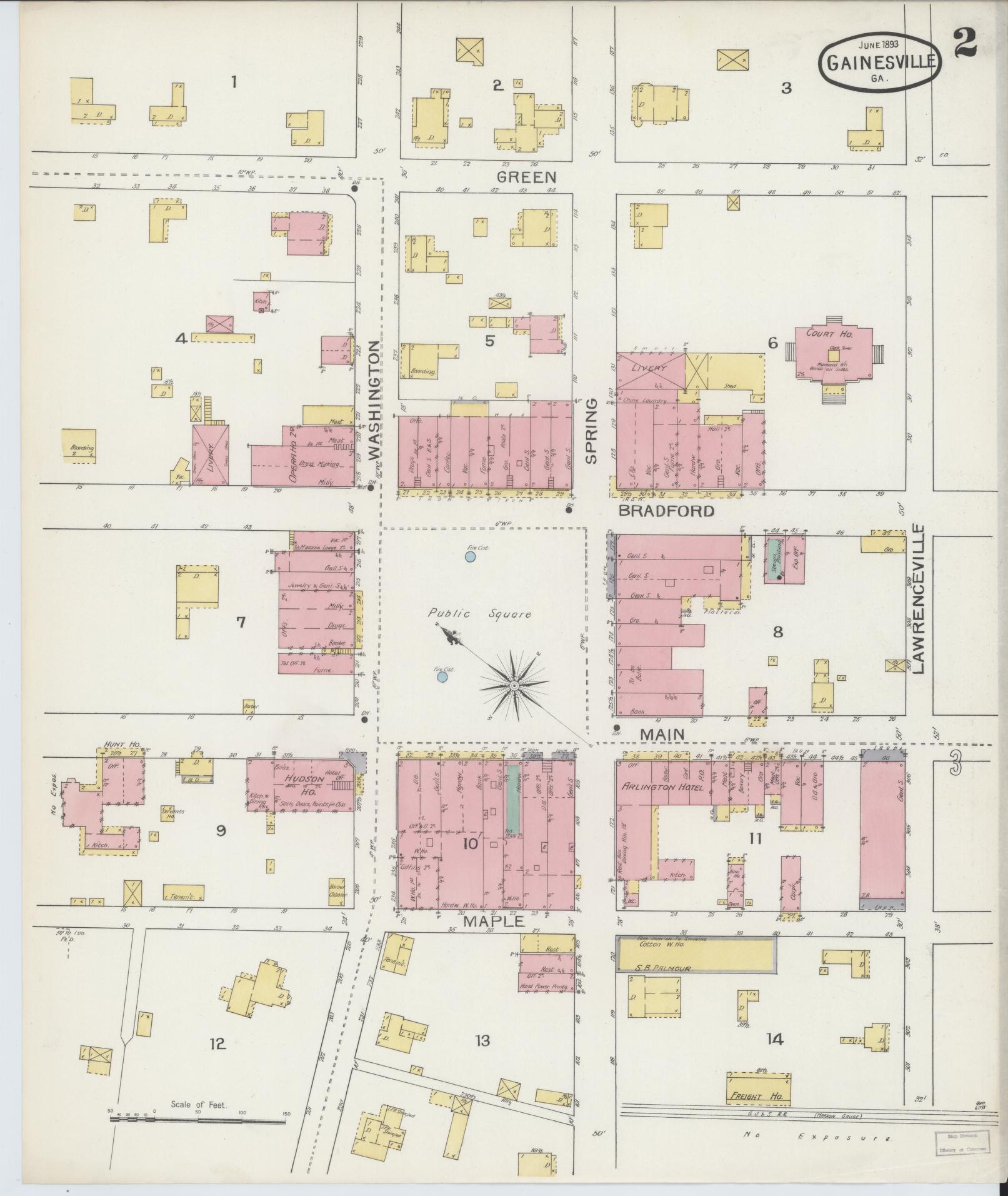 Sanborn Fire Insurance Map from Gainesville, Hall County, Georgia (1893), Sheet #0002 - Historic Sanborn Fire Insurance Map Print, vintage old map wall art, antique decor, genealogy gift, Georgia Georgia map