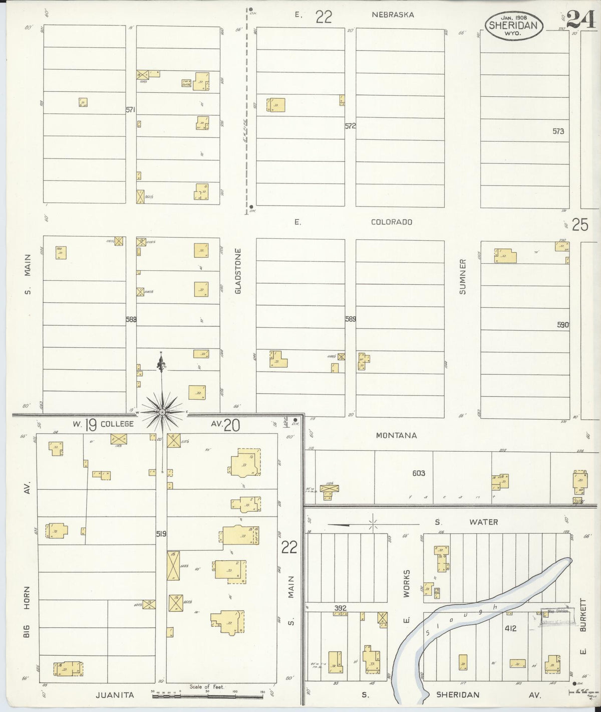 Sanborn Fire Insurance Map from Sheridan, Sheridan County, Wyoming (1908), Sheet #0024 - Historic Sanborn Fire Insurance Map Print, vintage old map wall art, antique decor, genealogy gift, Wyoming Wyoming map