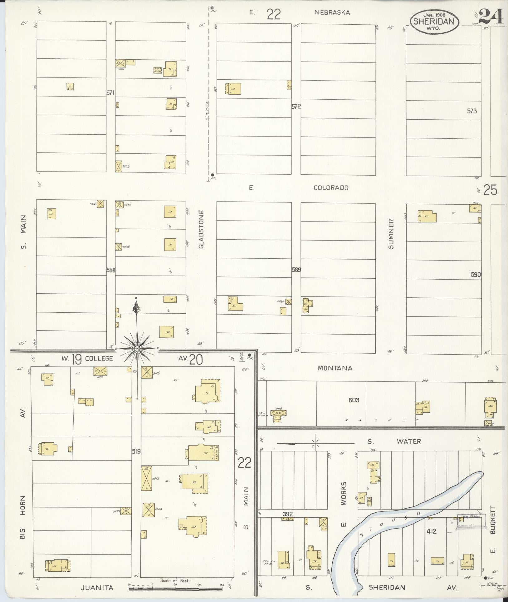 Sanborn Fire Insurance Map from Sheridan, Sheridan County, Wyoming (1908), Sheet #0024 - Historic Sanborn Fire Insurance Map Print, vintage old map wall art, antique decor, genealogy gift, Wyoming Wyoming map