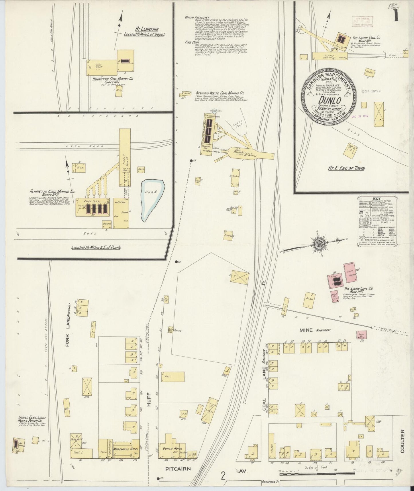 Sanborn Fire Insurance Map from Dunlo, Cambria County, Pennsylvania (1910), Sheet #0001 - Historic Sanborn Fire Insurance Map Print, vintage old map wall art, antique decor, genealogy gift, Pennsylvania Pennsylvania map
