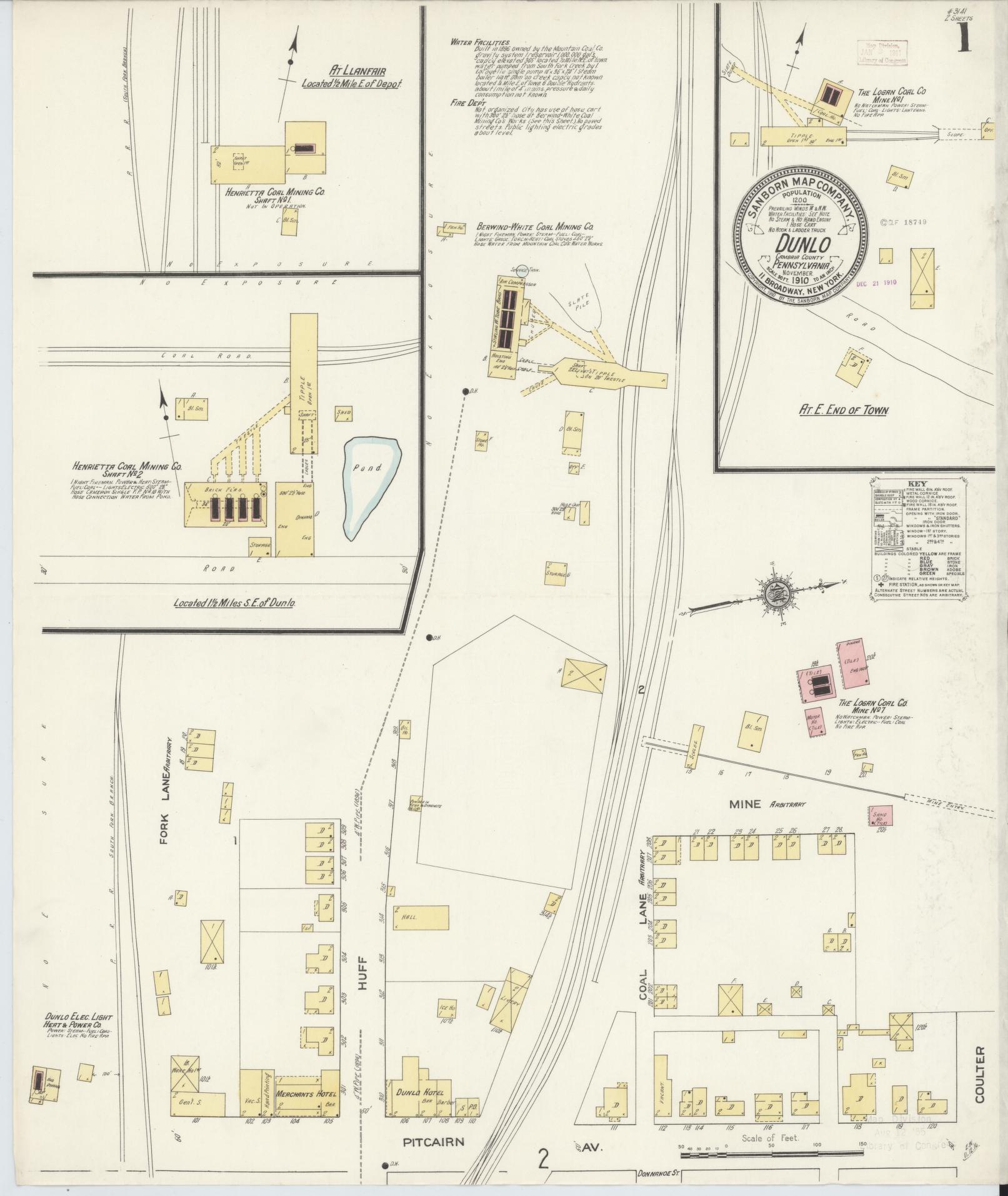 Sanborn Fire Insurance Map from Dunlo, Cambria County, Pennsylvania (1910), Sheet #0001 - Historic Sanborn Fire Insurance Map Print, vintage old map wall art, antique decor, genealogy gift, Pennsylvania Pennsylvania map